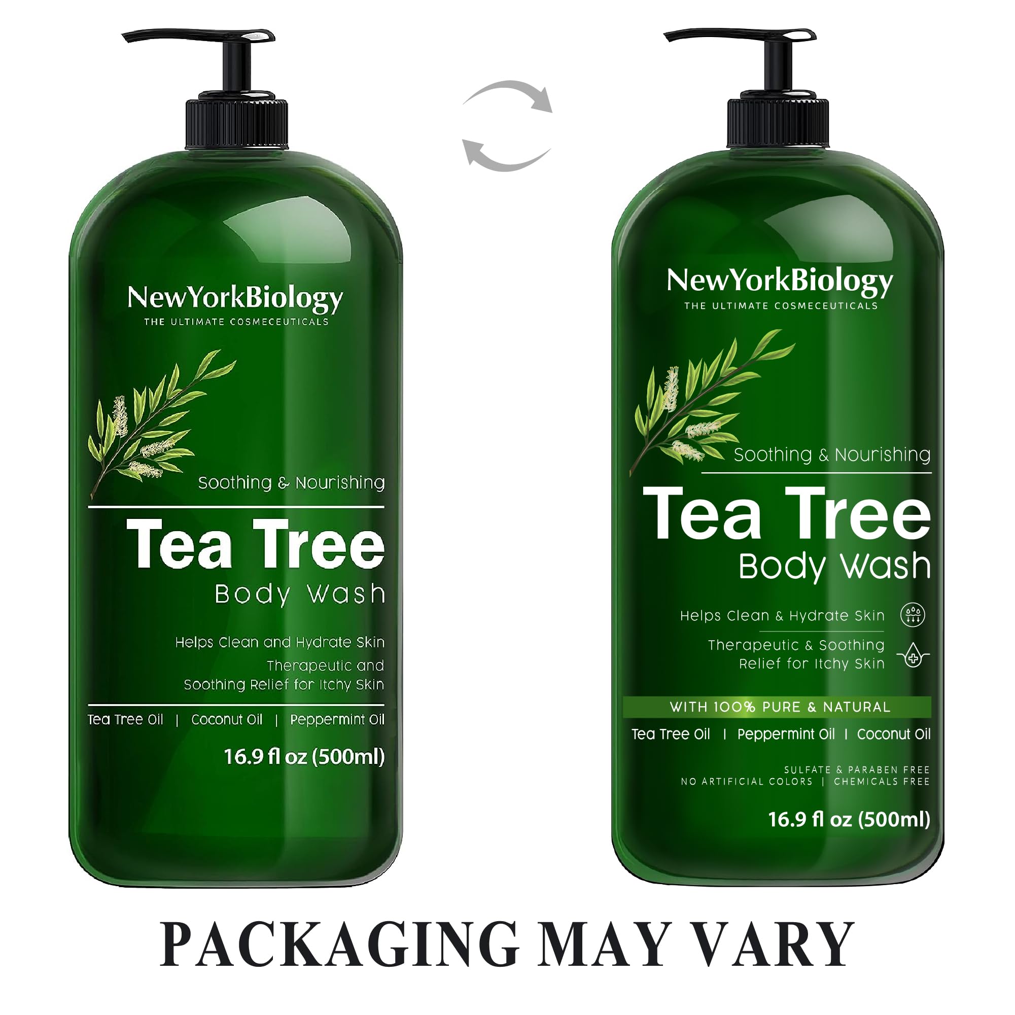 New York Biology Tea Tree Body Wash bottle-top view highlighting purity and aroma
