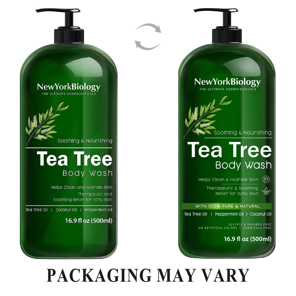 New York Biology Tea Tree Body Wash bottle-top view highlighting purity and aroma