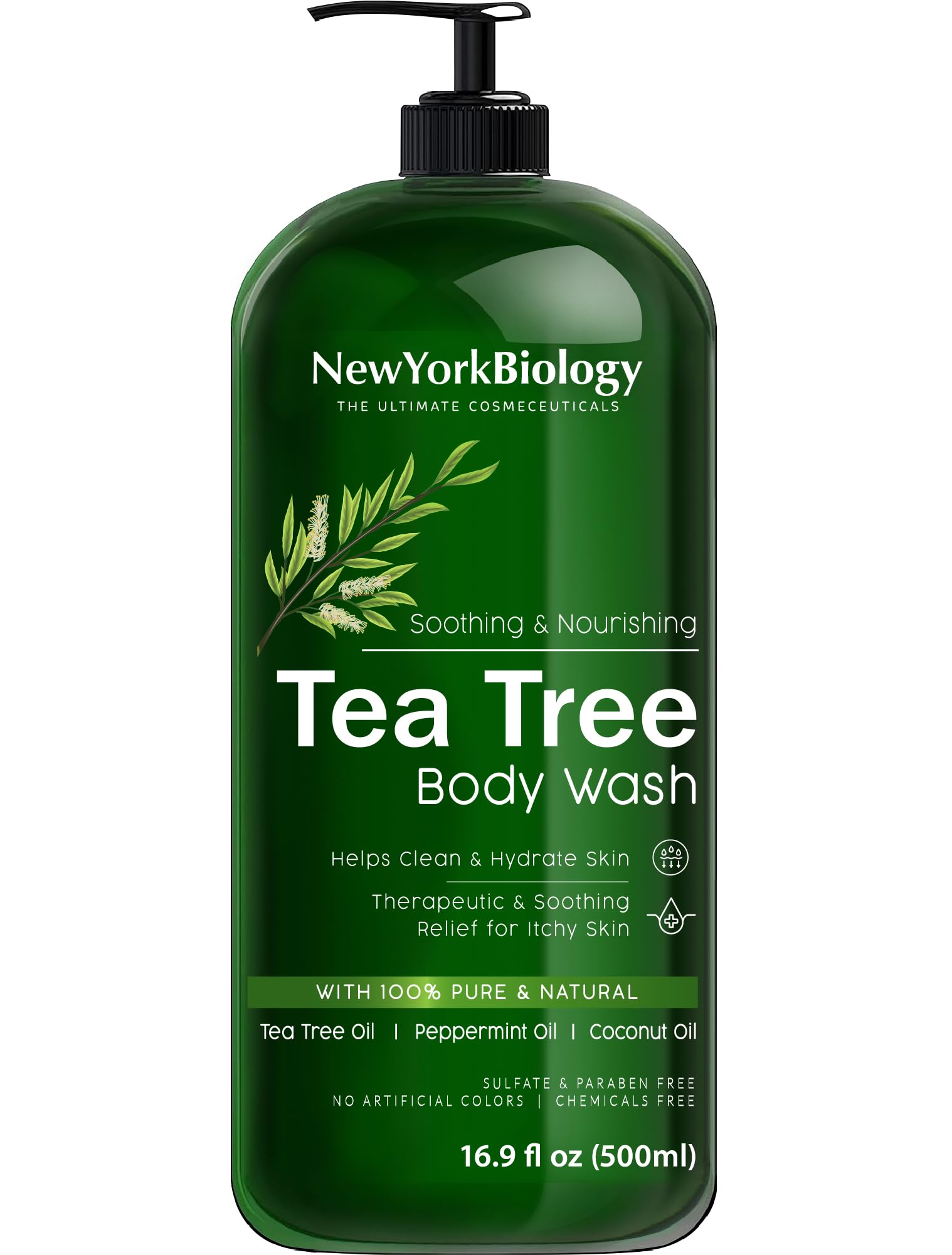 New York Biology Tea Tree Body Wash label closeup emphasizing clean ingredients