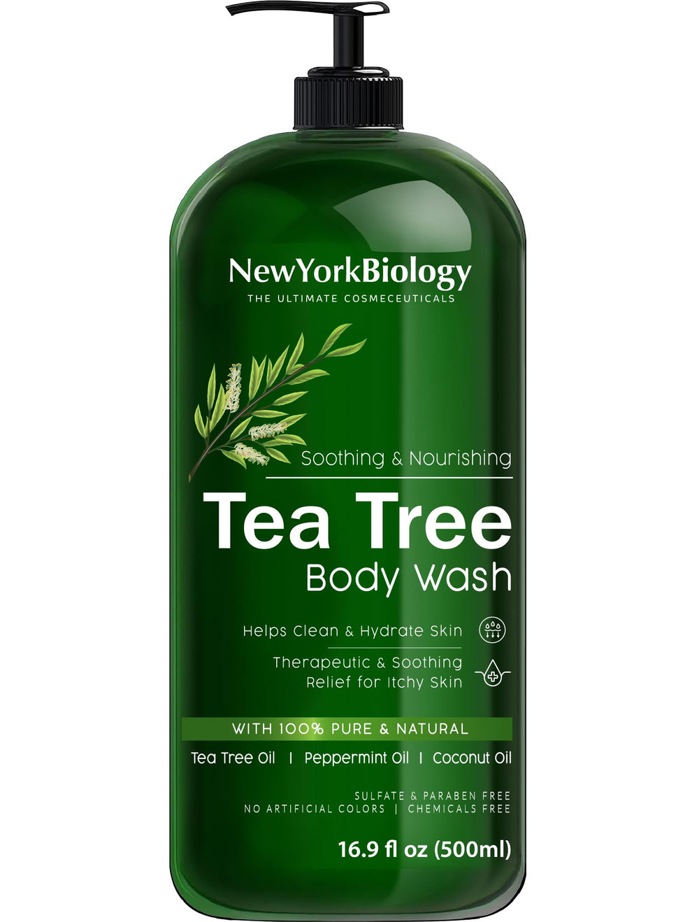 New York Biology Tea Tree Body Wash label closeup emphasizing clean ingredients