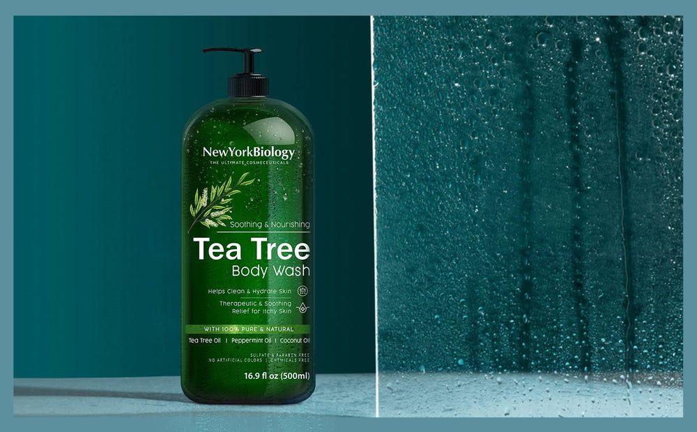 New York Biology Tea Tree Body Wash lather-pour view with creamy foam