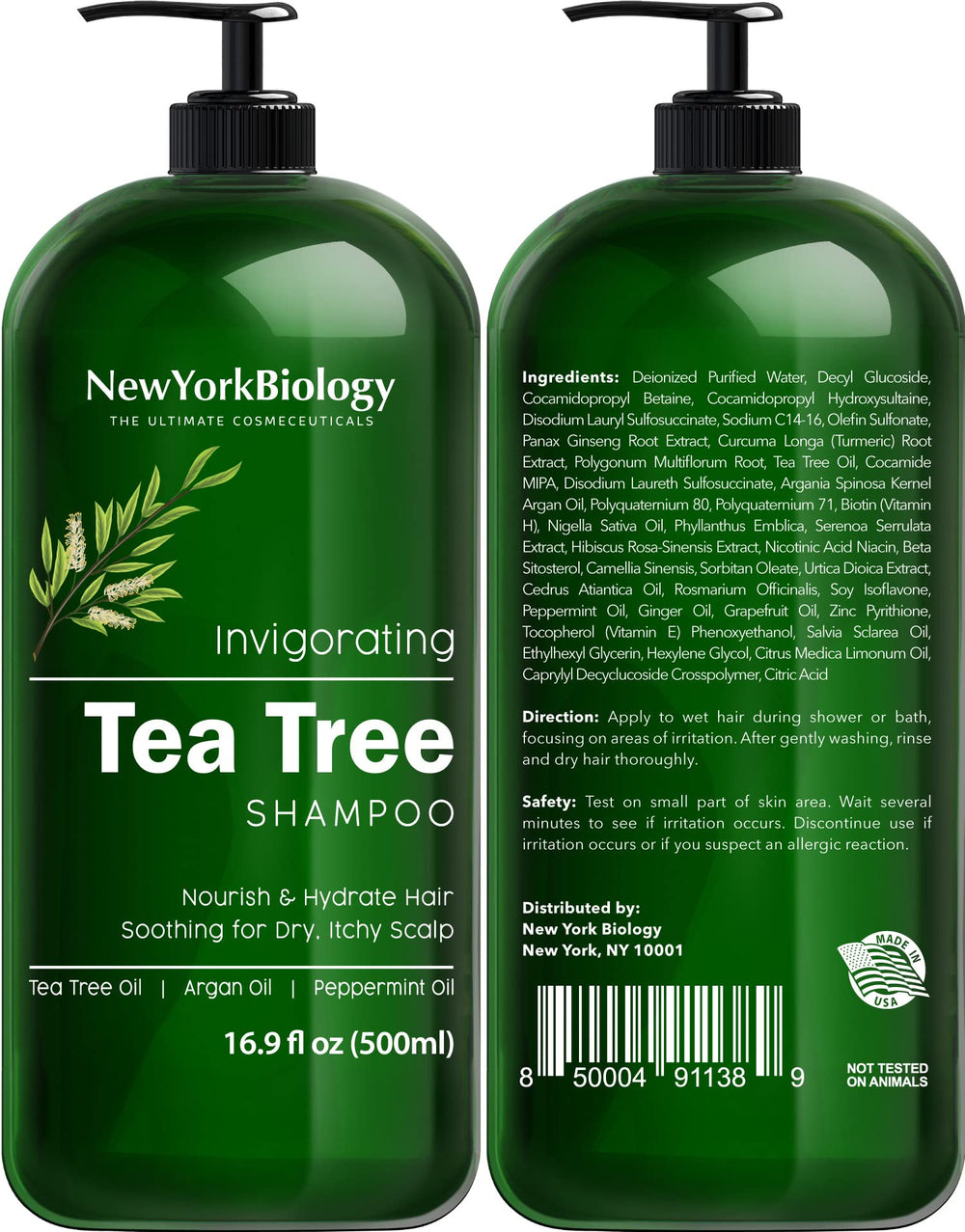 New York Biology Tea Tree Conditioner bottle promotes hydrated scalp and smoother hair.