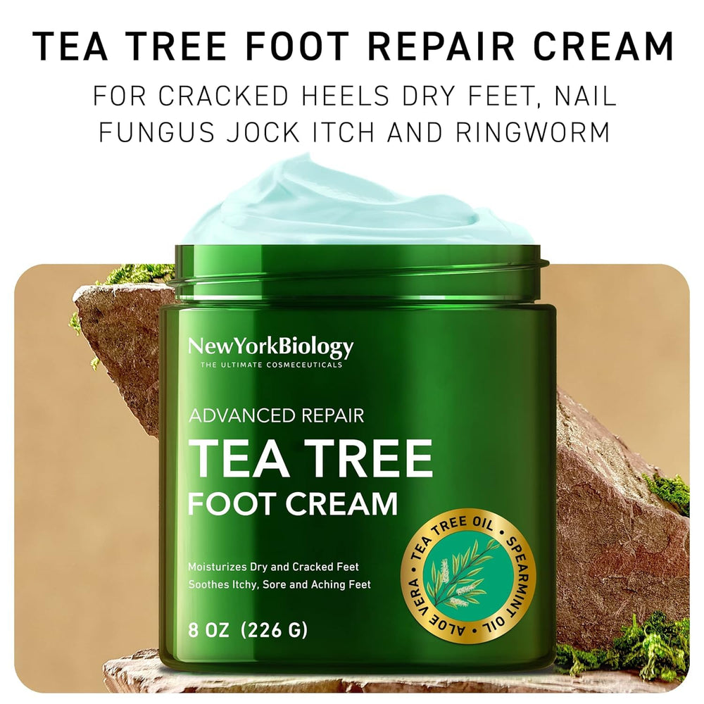 New York Biology Tea Tree Foot Cream tube application highlights quick-absorb formula for itchy feet.
