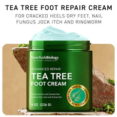 New York Biology Tea Tree Foot Cream tube application highlights quick-absorb formula for itchy feet.