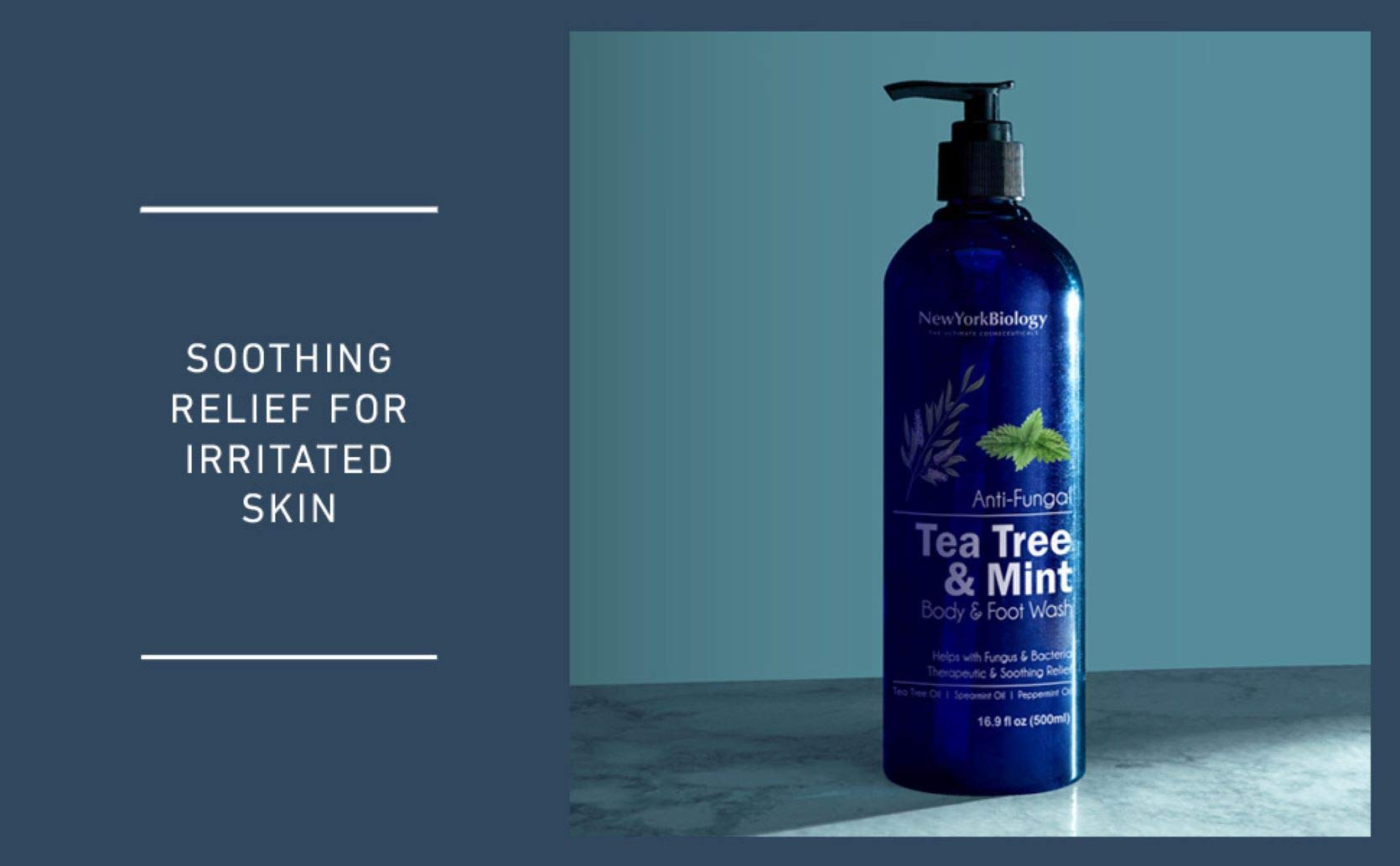 New York Biology Tea Tree Mint Body Wash label highlights tea tree and mint benefits.