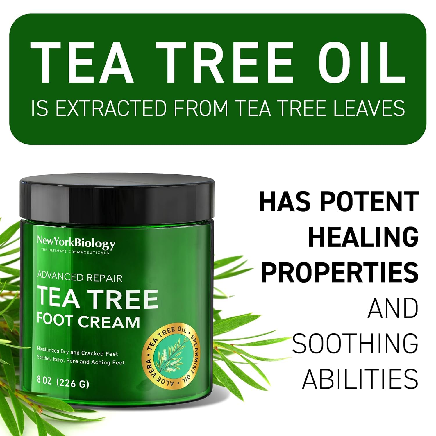 New York Biology Tea Tree Foot Cream USA-made label emphasizes quality and care.