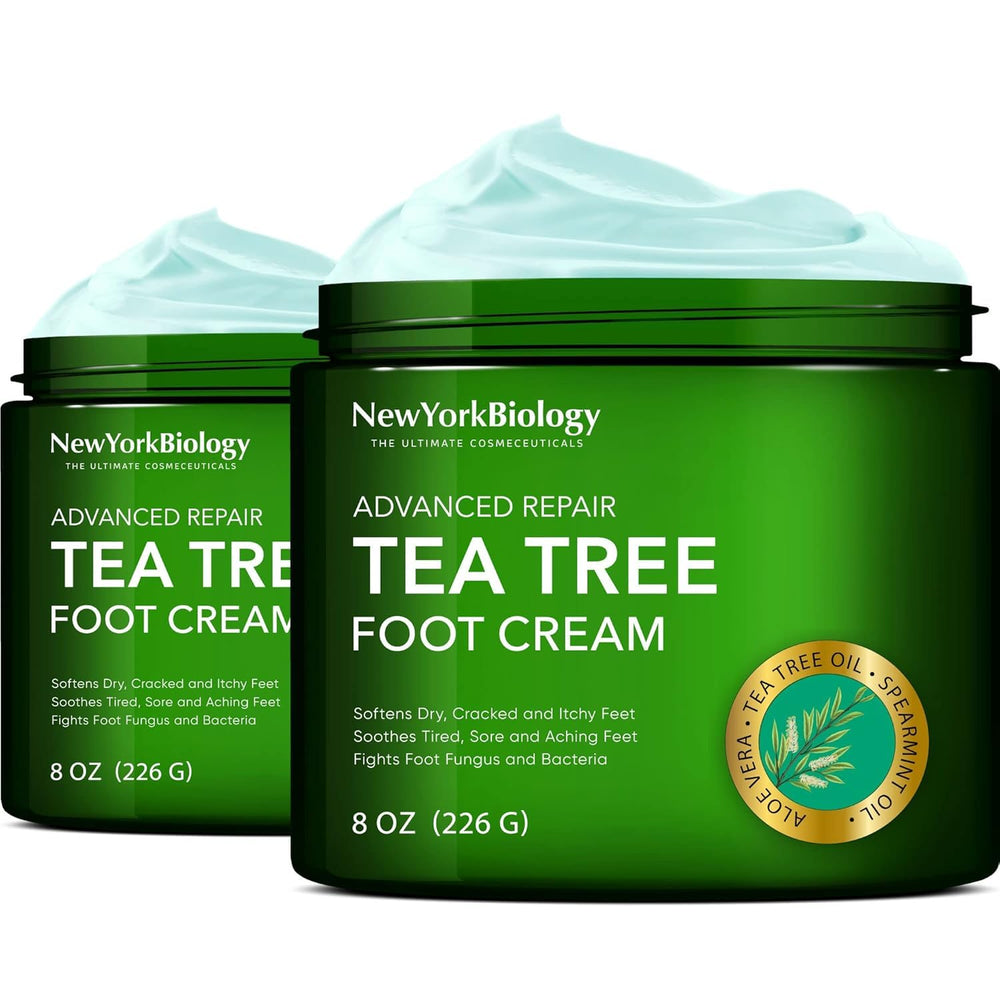 New York Biology Tea Tree Foot Cream packaging highlights USA-made hydration for dry feet.