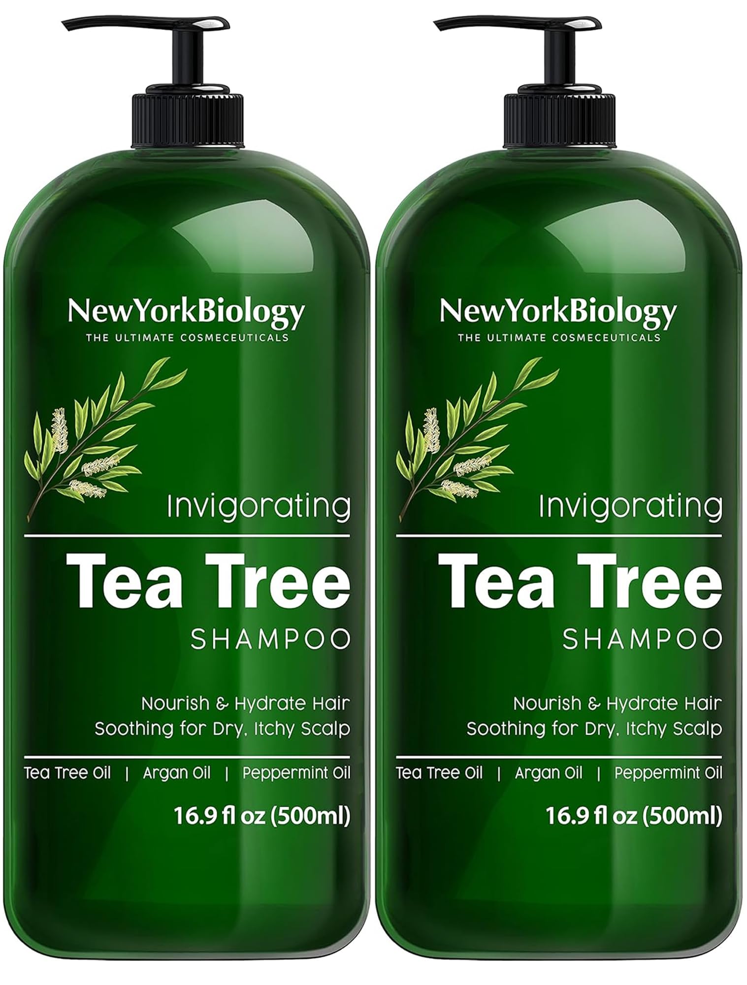 New York Biology Tea Tree Shampoo bottle front shows refreshing cleansing for scalp comfort.