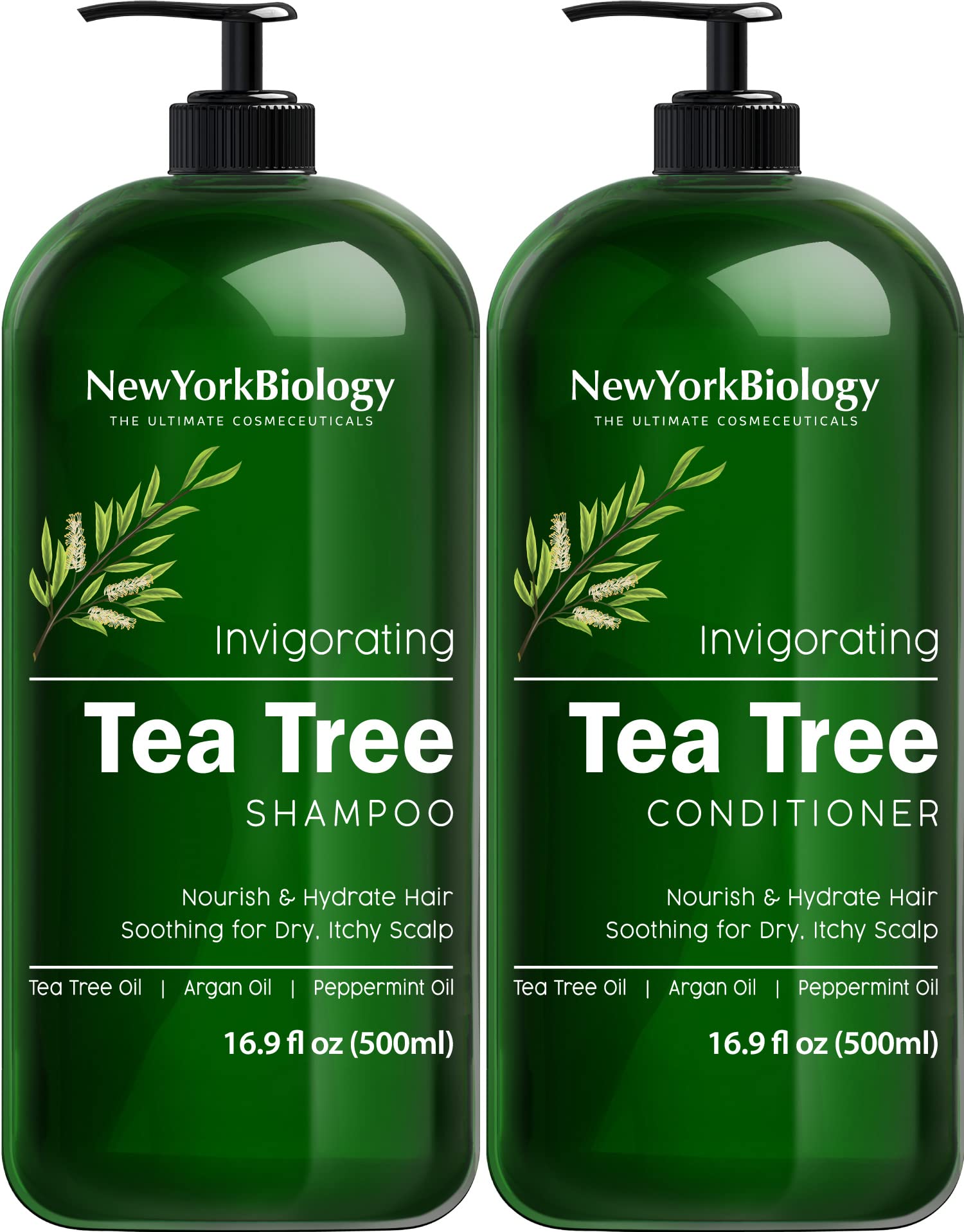 New York Biology Tea Tree Shampoo bottle demonstrates refreshing scalp care for dandruff relief.