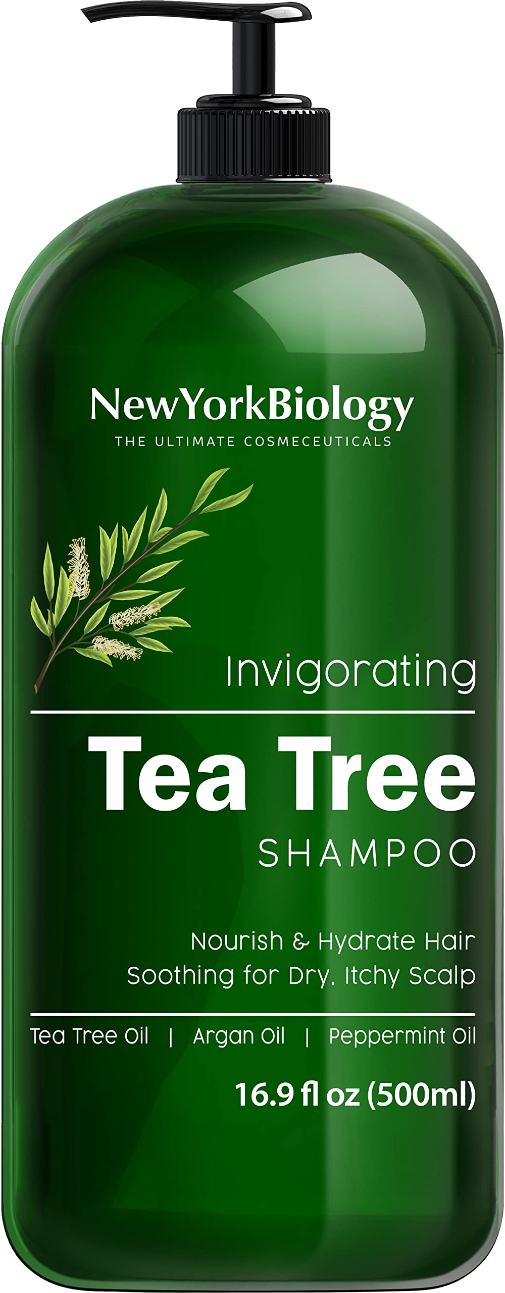 New York Biology Tea Tree Shampoo bottle highlighting therapeutic formula for dry scalp relief.