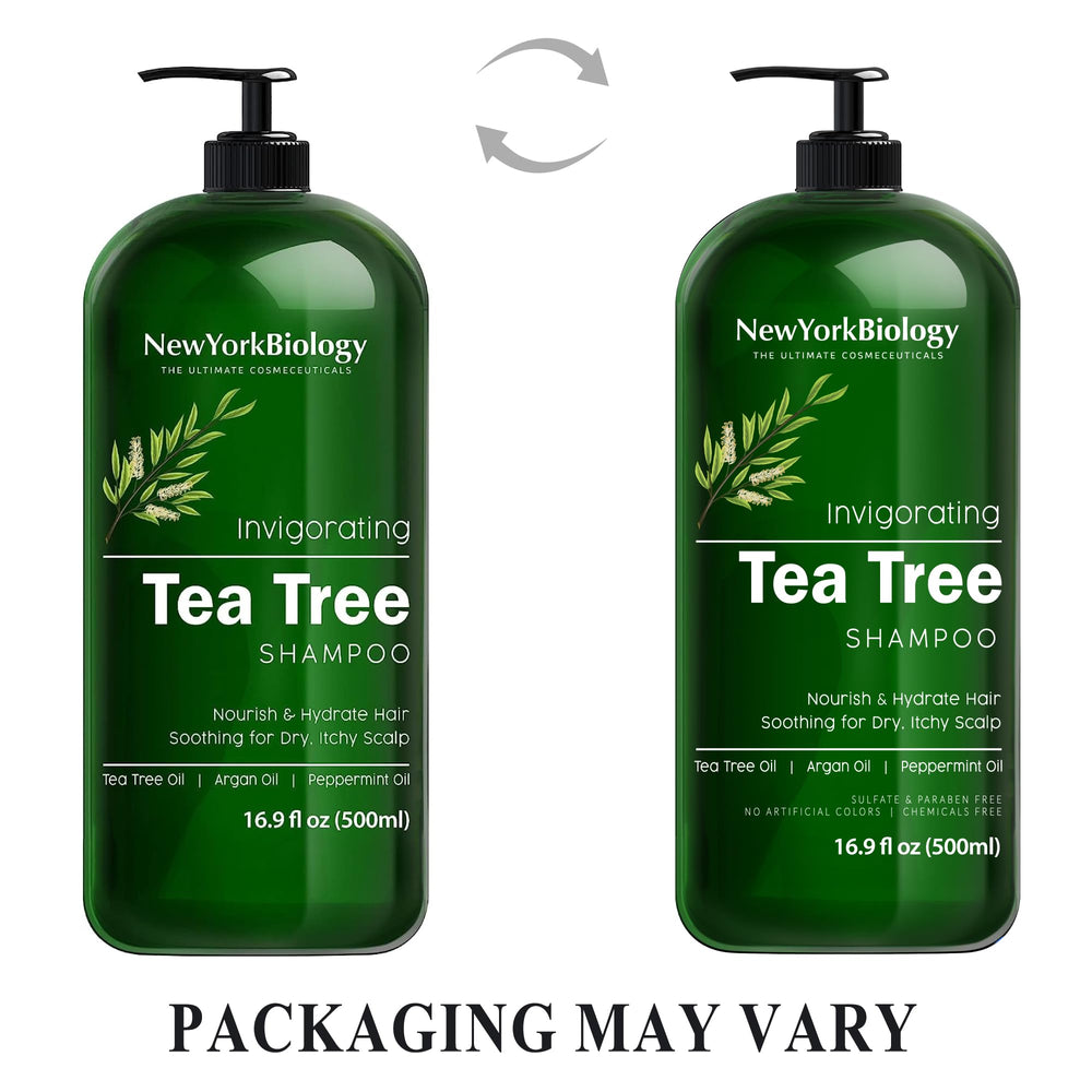 New York Biology Tea Tree Shampoo label closeup emphasizes therapeutic grade and cruelty-free promise.