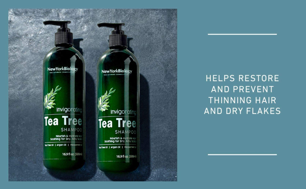 New York Biology Tea Tree Shampoo scalp application shows soothing, invigorating treatment for dry flakes.