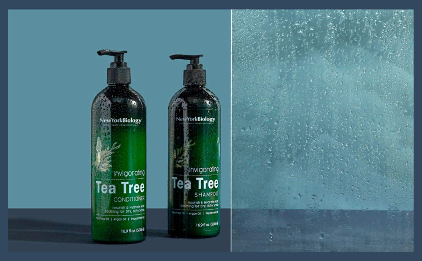 New York Biology Tea Tree Shampoo spa-like product scene evokes calming hair care ritual.