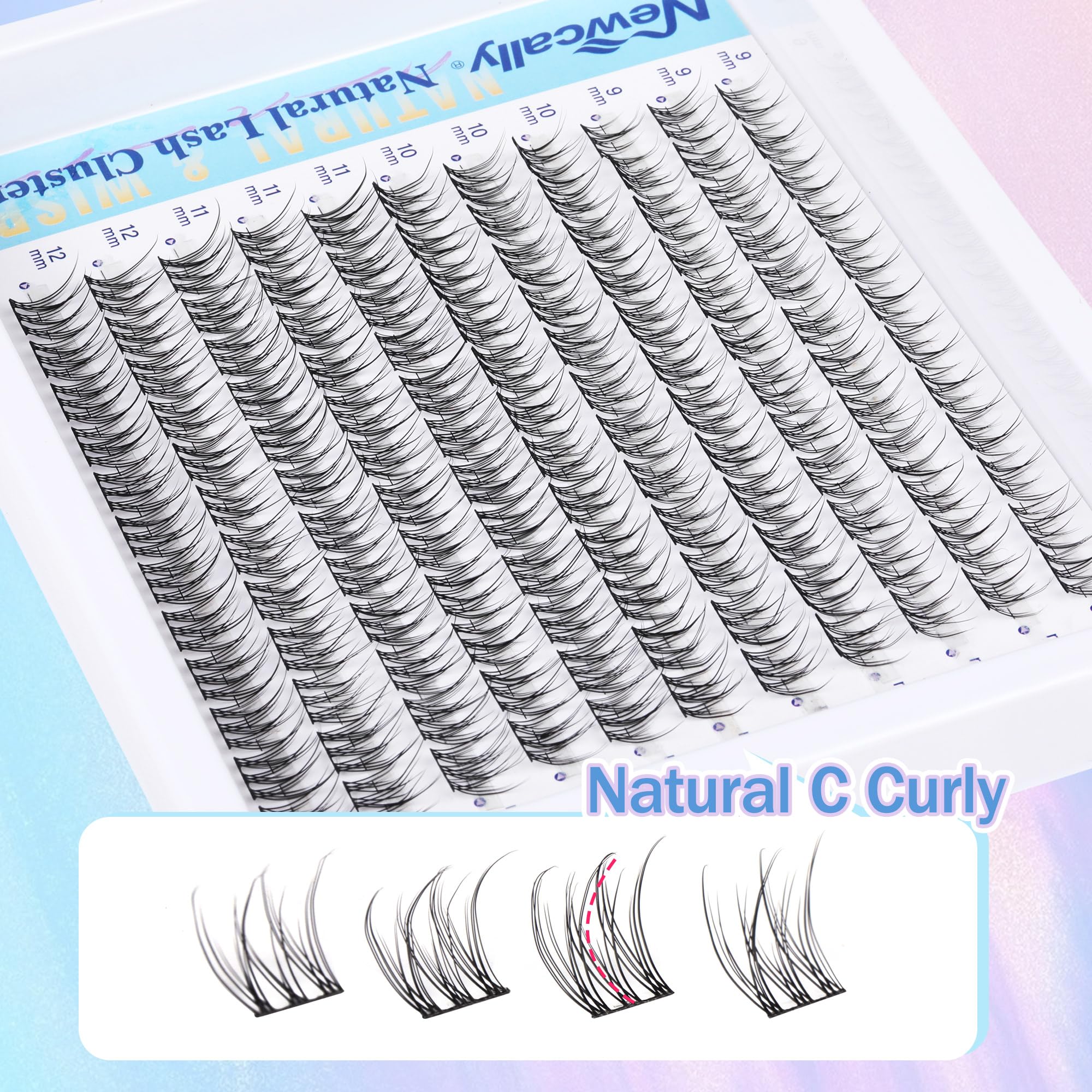 Newcally 9-12mm cluster lashes illustrate natural length