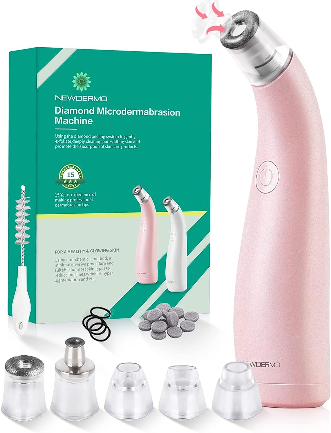 NEWDERMO 2-in-1 microdermabrasion face unit pink for at-home spa-like renewal.