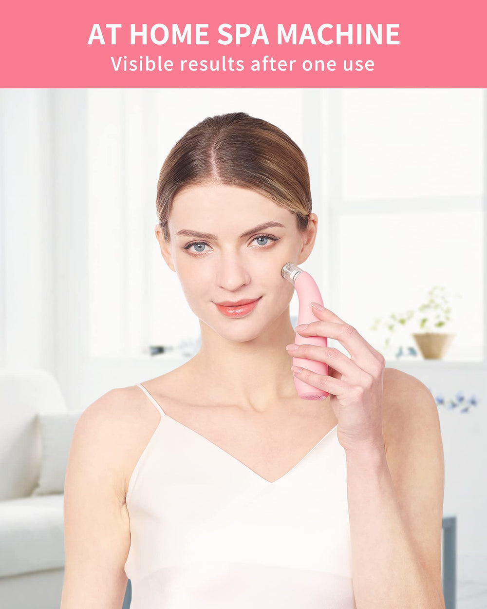 NEWDERMO portable pink device in use for at-home facial routine.
