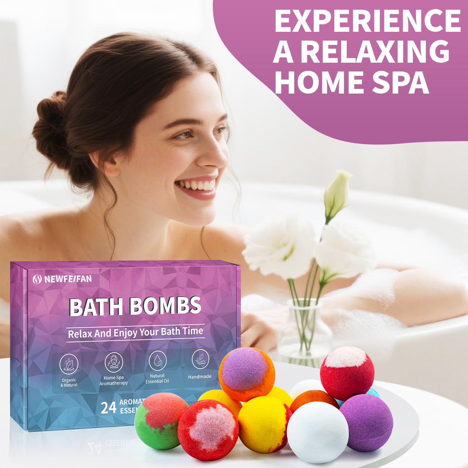 NEWFEIFAN bath bombs create colorful bubbles in tub for a luxurious bath