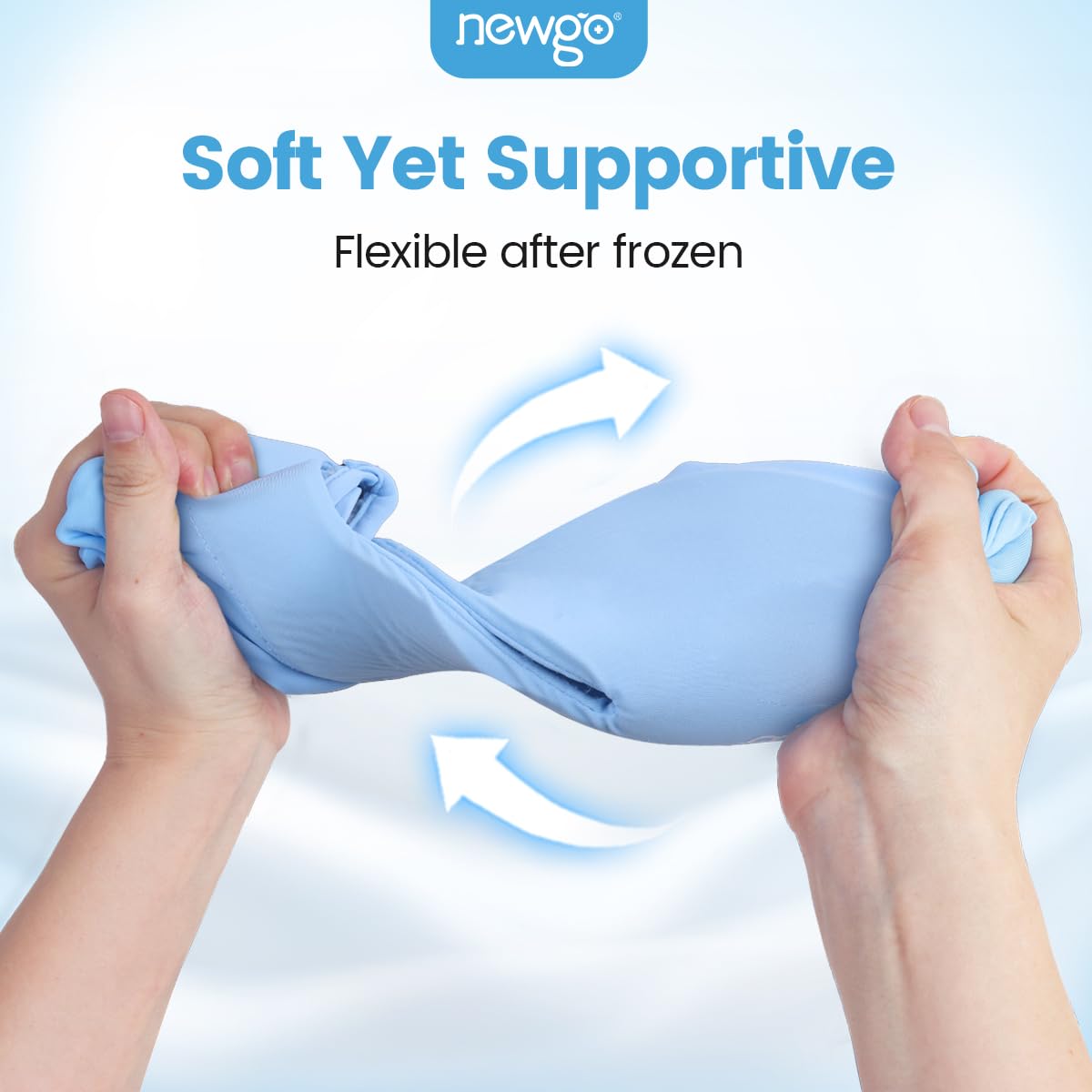 NEWGO Ice Pack Face Mask cold therapy usage shown with included storage bag for freezing.