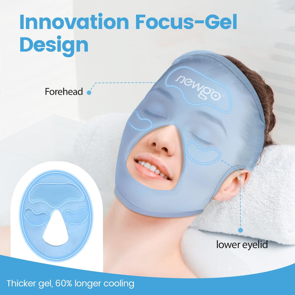 NEWGO Ice Pack Face Mask shown with ergonomic dual straps for secure, adjustable fit.