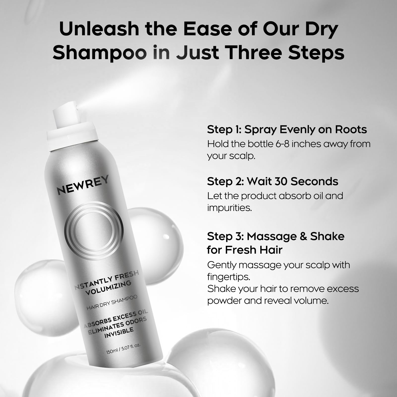 NEWREY Dry Shampoo Spray packaging shows 5.07 oz size for travel-friendly freshness