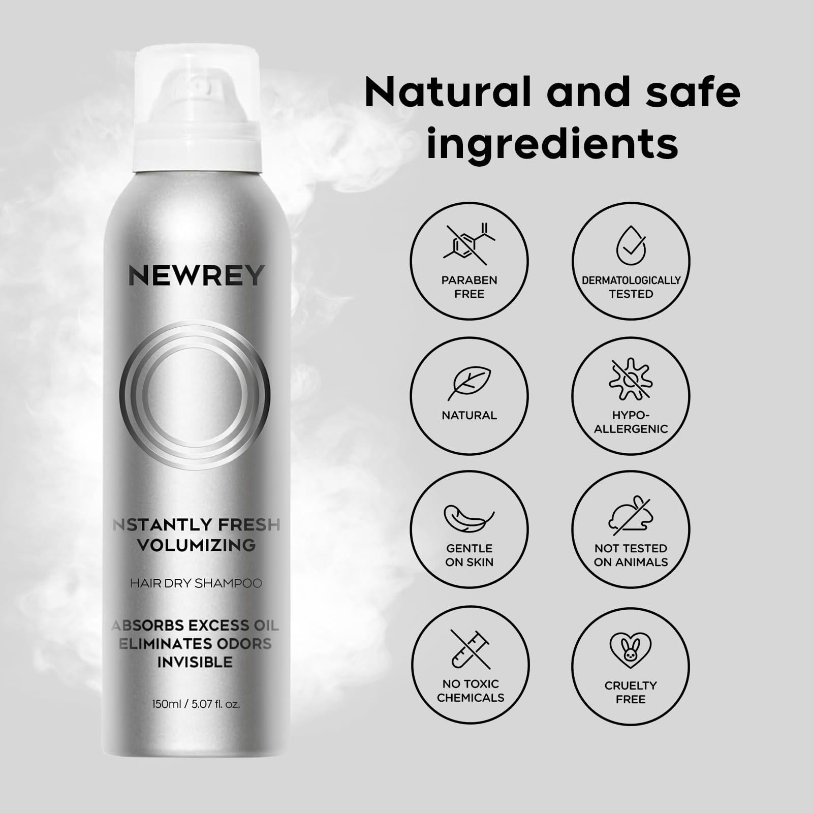 NEWREY Dry Shampoo Spray step-by-step guide graphic illustrates quick refresh on-the-go