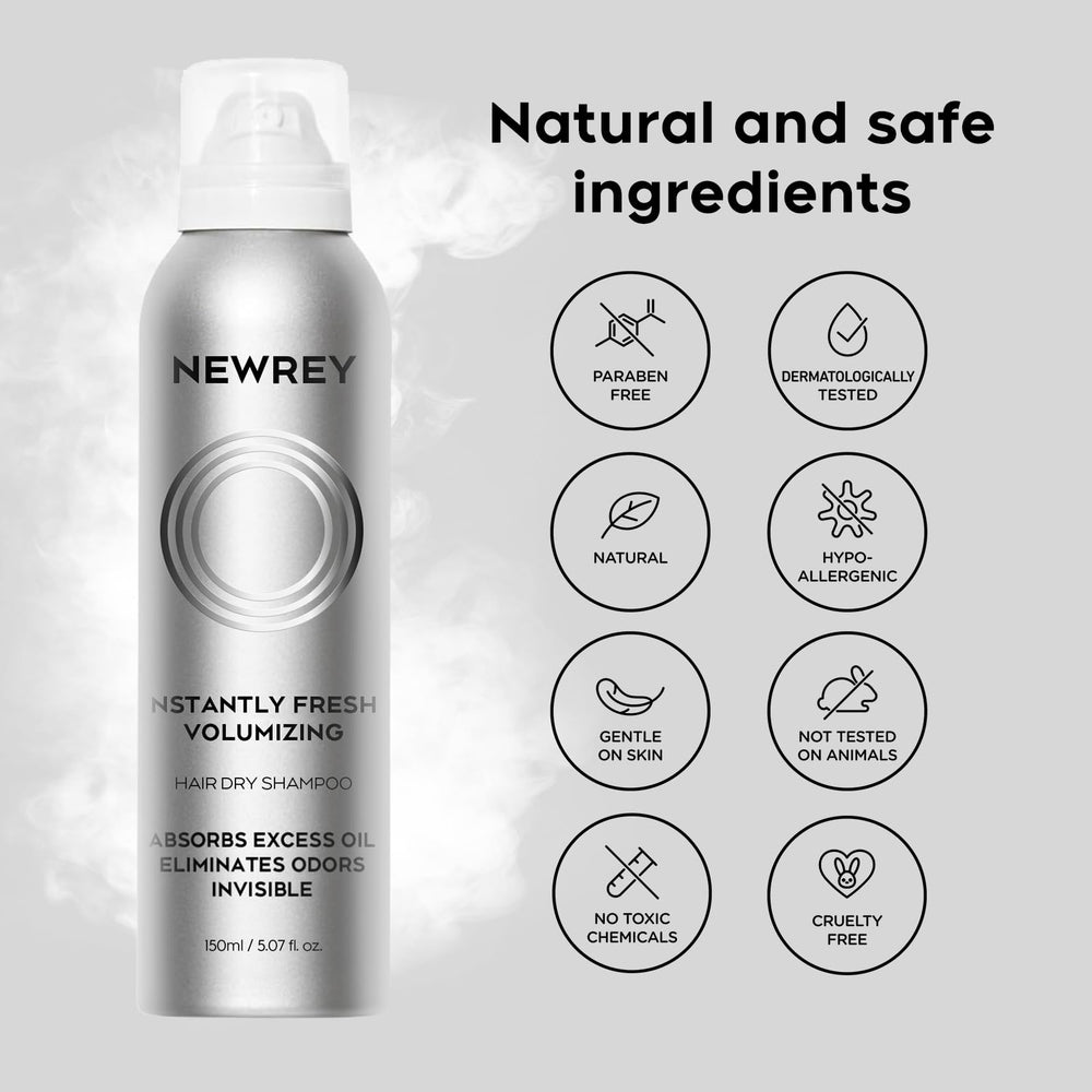 NEWREY Dry Shampoo Spray step-by-step guide graphic illustrates quick refresh on-the-go