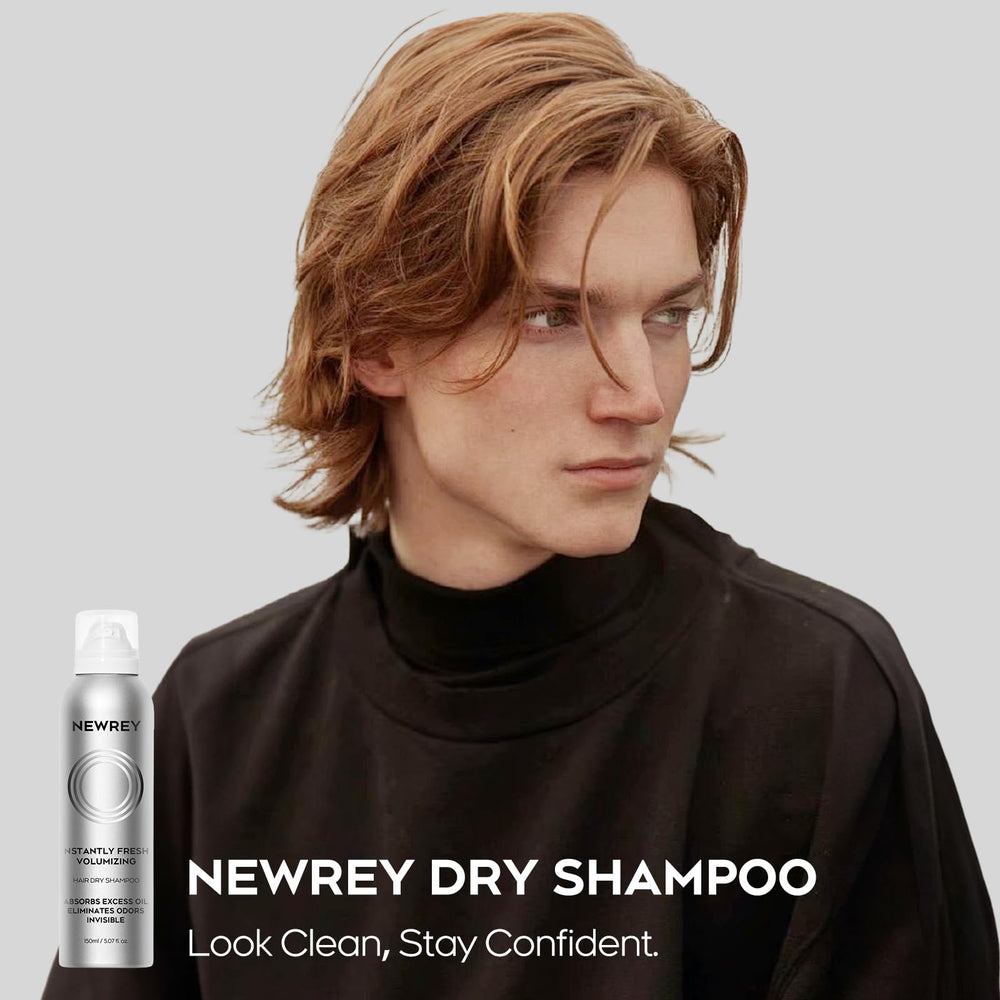NEWREY Dry Shampoo Spray vegan formula badge on packaging communicates gentle chemical-free care