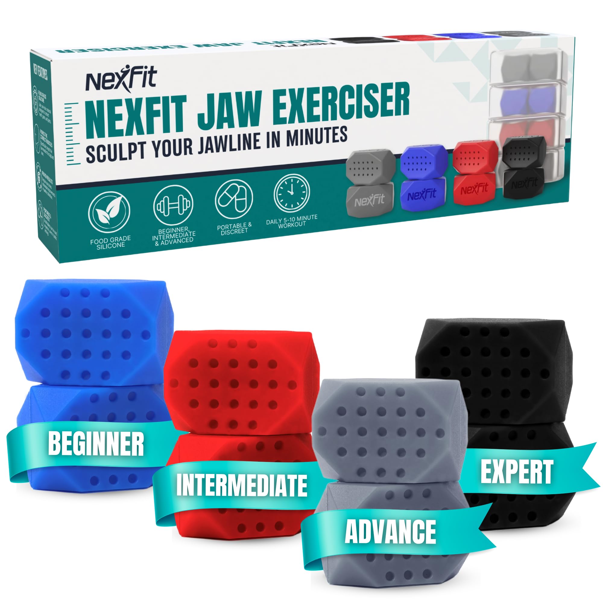 NexFit jaw exerciser 30lbs tablet for progressive jawline toning and comfort.