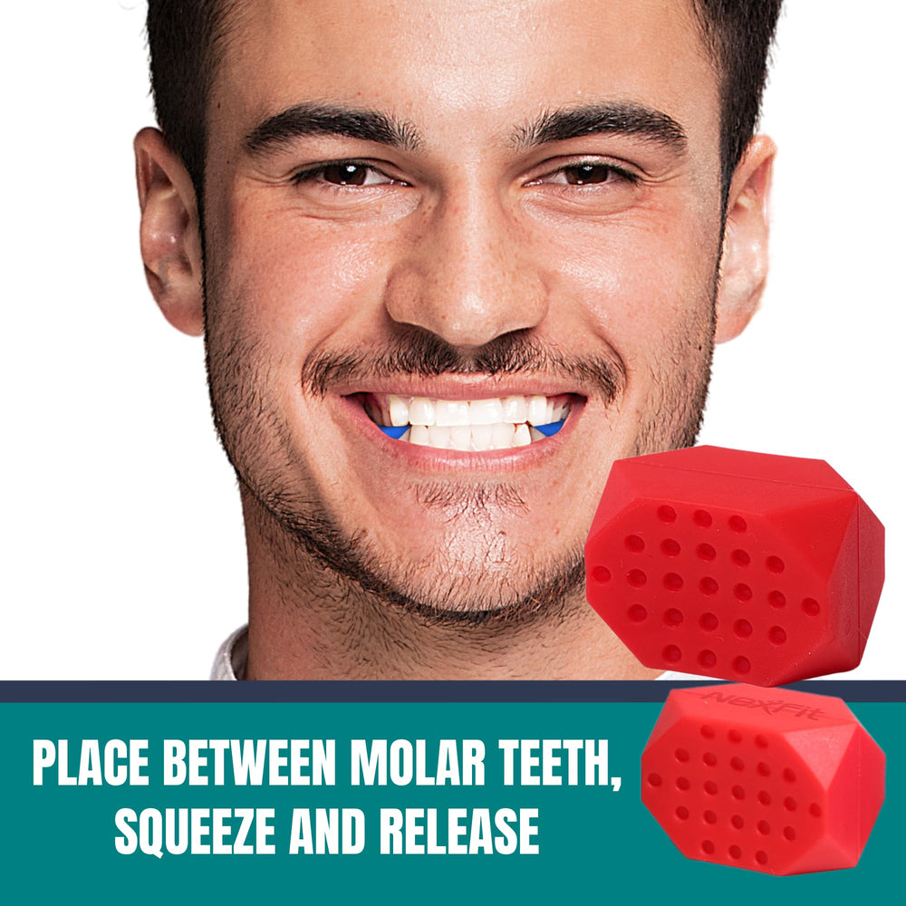 NexFit jaw exerciser 50lbs tablet for stronger jawline contours with daily practice.