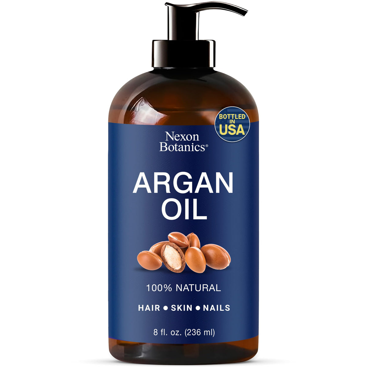 Nexon Botanics Argan Oil bottle shows 100% natural Moroccan oil for hair nourishment.