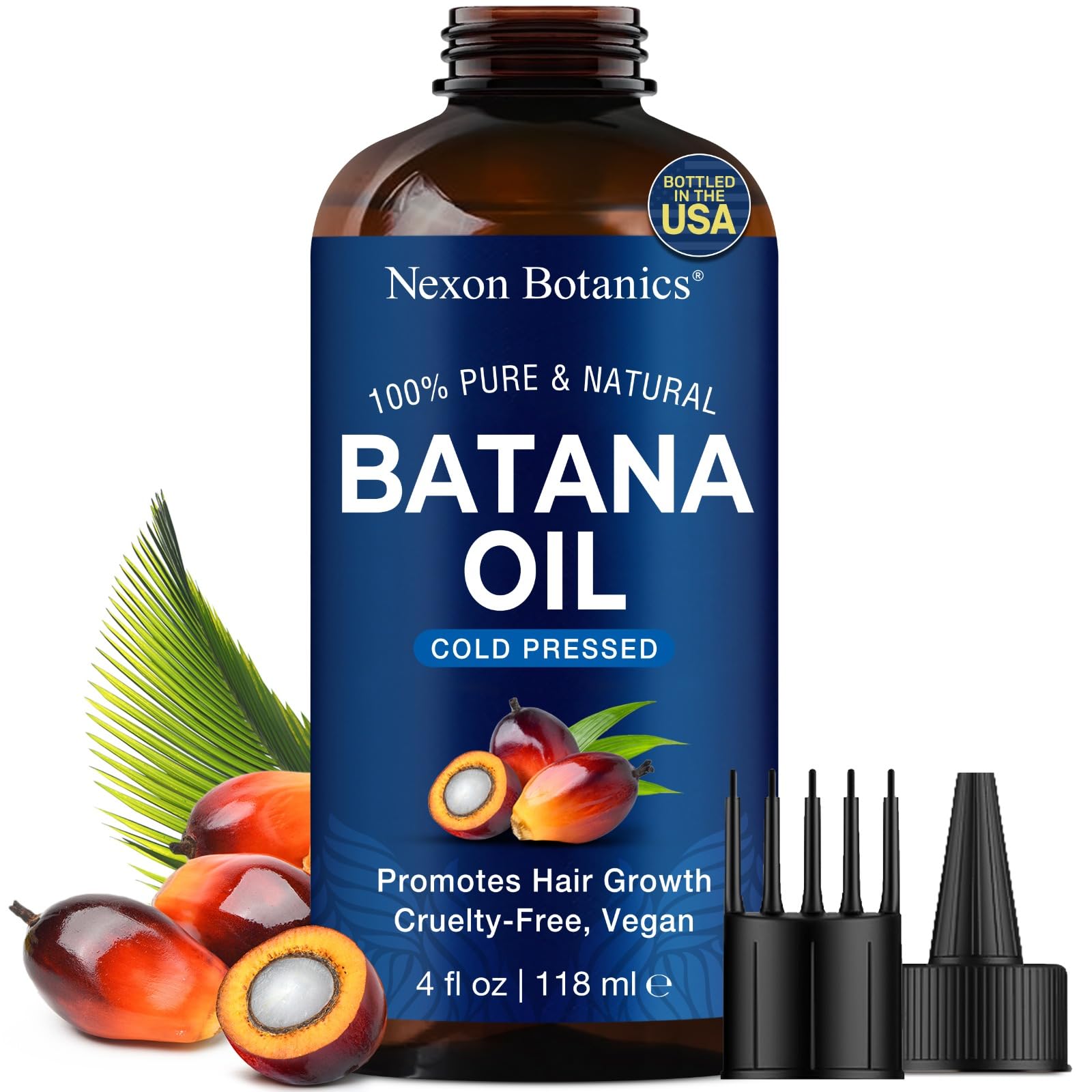 Nexon Botanics Batana Oil bottle shows pure, cold-pressed formula for hair and skin nourishment.