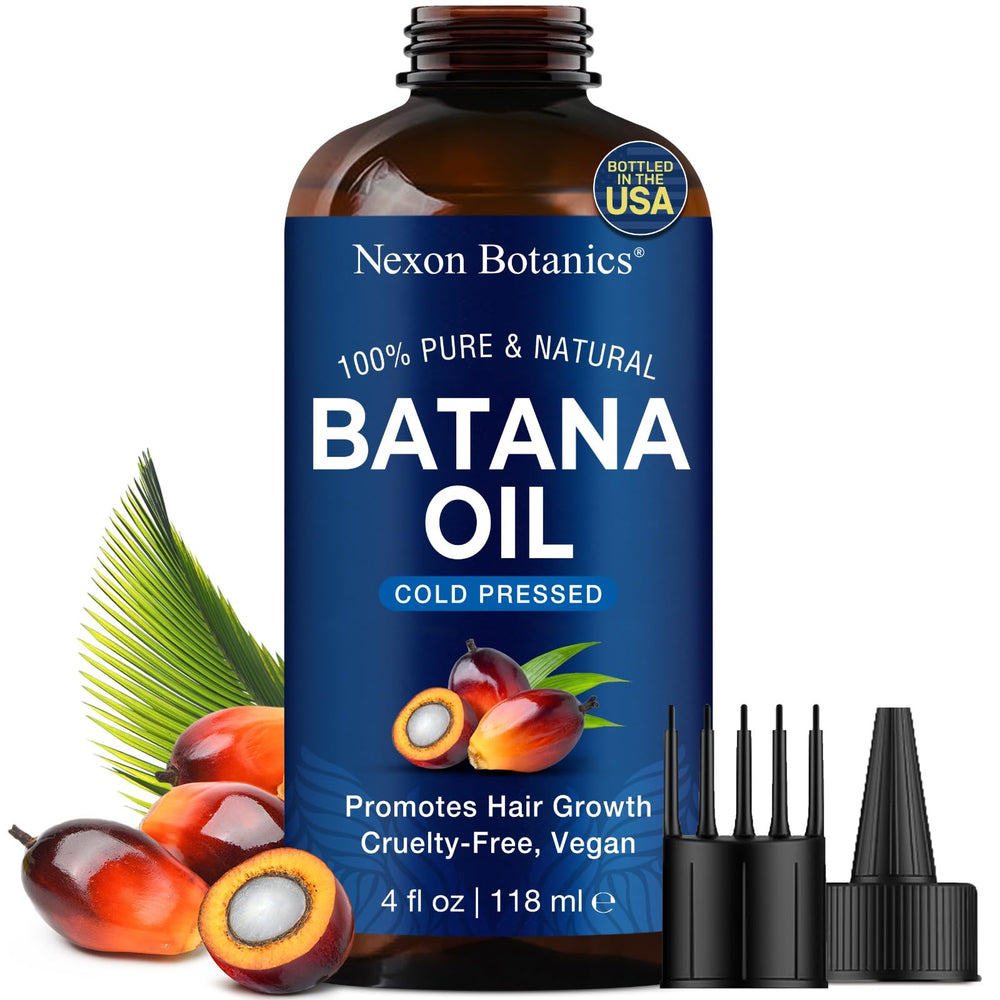Nexon Botanics Batana Oil bottle shows pure, cold-pressed formula for hair and skin nourishment.