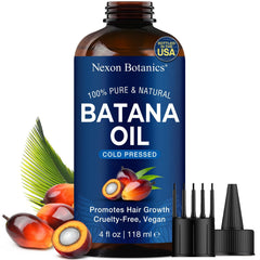 Nexon Botanics Batana Oil bottle shows pure, cold-pressed formula for hair and skin nourishment.