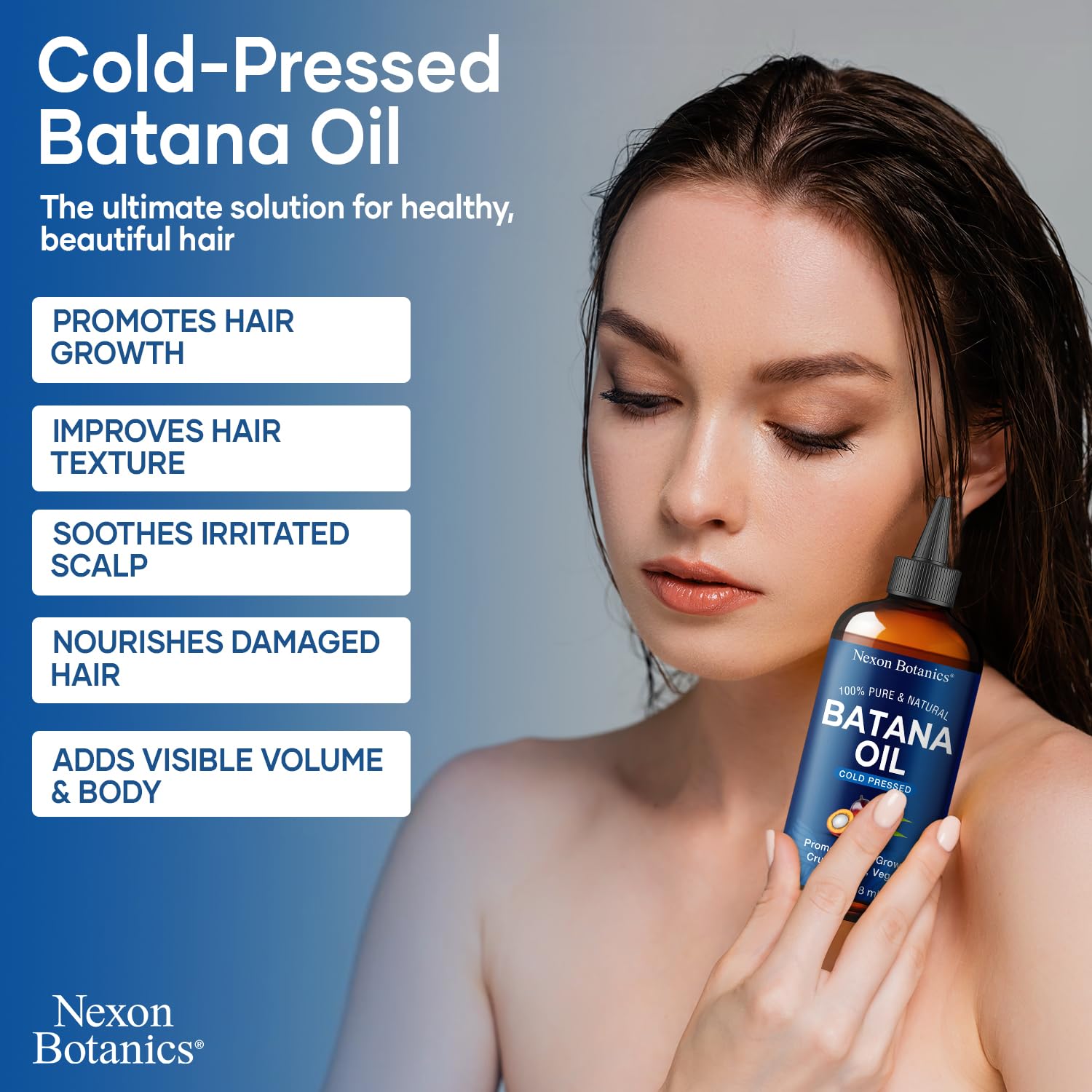 Nexon Botanics Batana Oil on hair strands demonstrates added volume and smoothness.