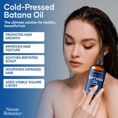 Nexon Botanics Batana Oil on hair strands demonstrates added volume and smoothness.