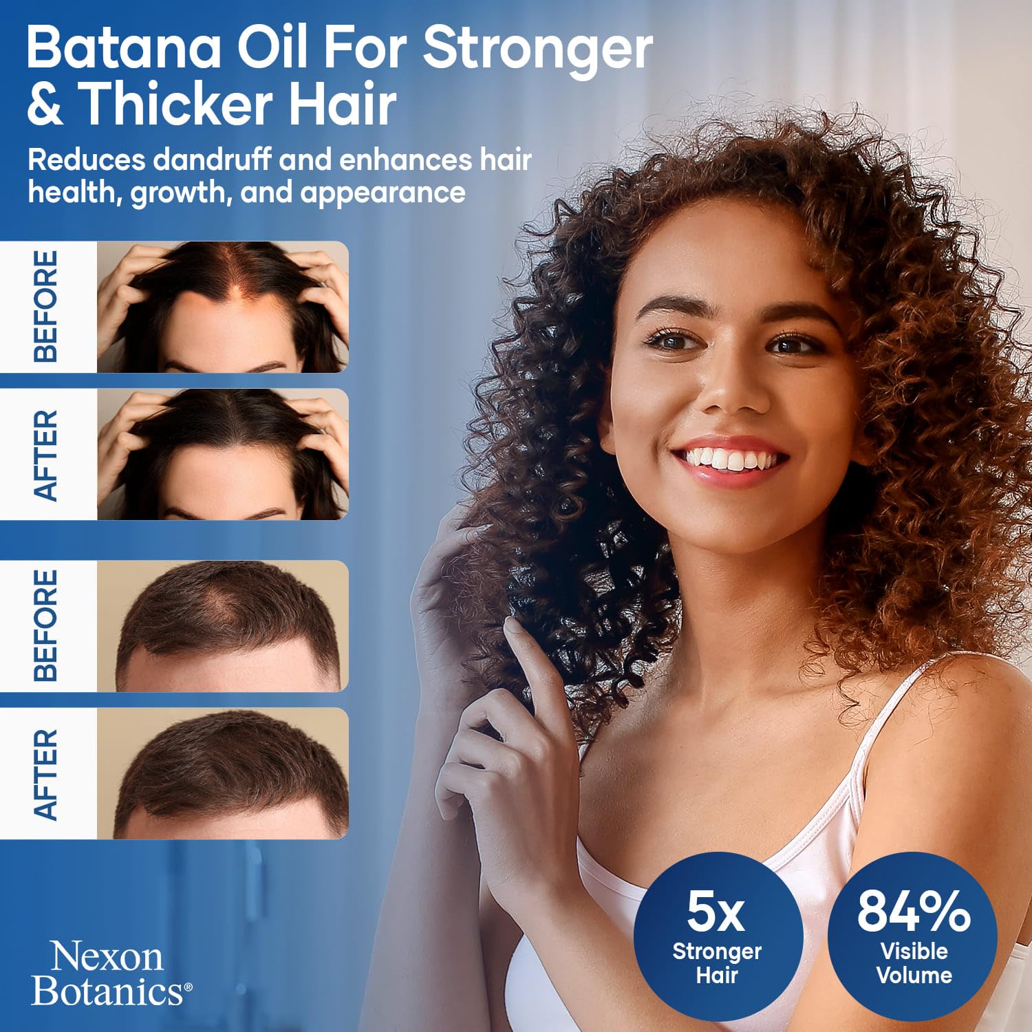 Nexon Botanics Batana Oil being poured highlights easy, lightweight application for daily use.