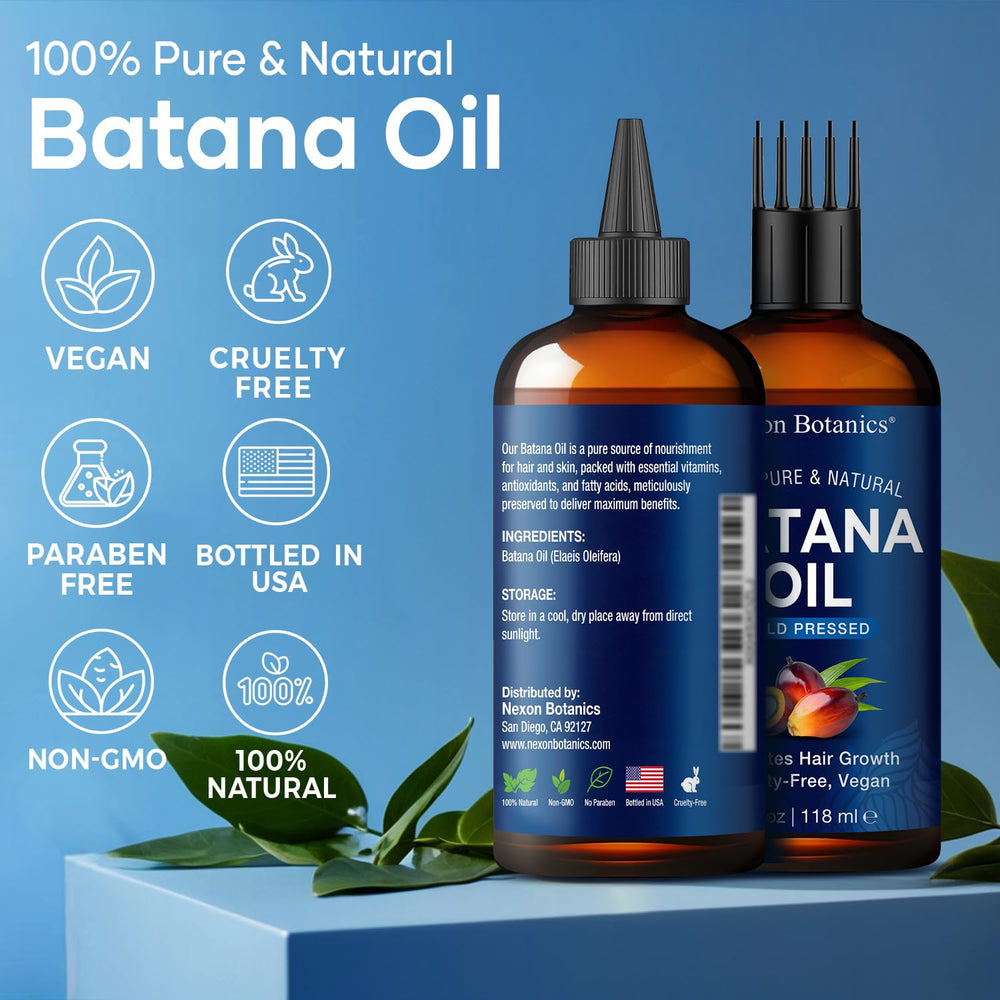 Batana Oil on scalp close-up suggests nourishment and moisture for healthy-looking roots.