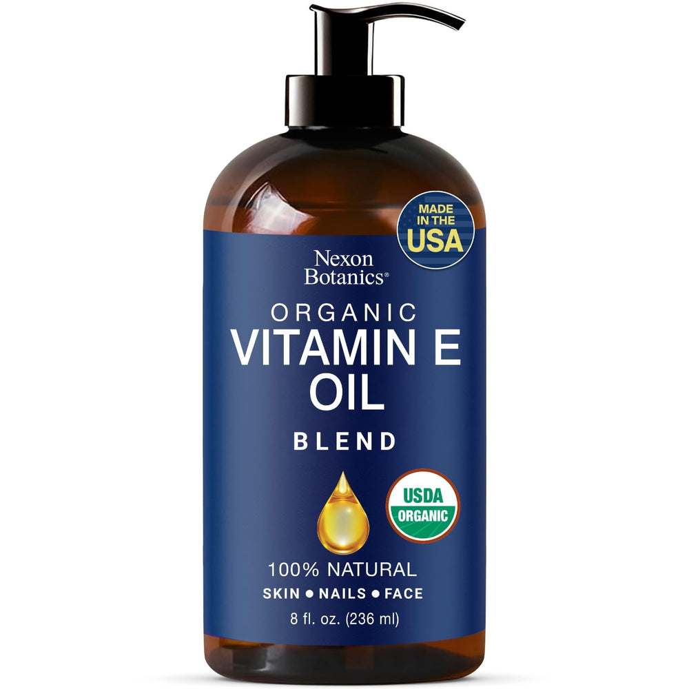 Nexon Botanics Organic Vitamin E Oil Blend bottle for deep hydration and smooth skin.