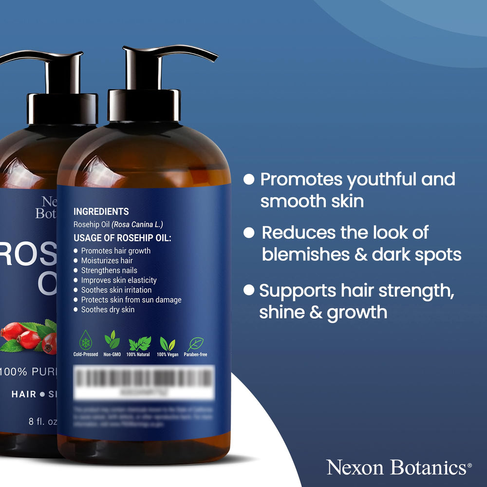 Nexon Botanics Rosehip Oil amber bottle preserves freshness.