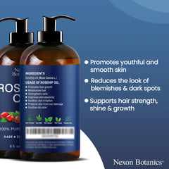 Nexon Botanics Rosehip Oil amber bottle preserves freshness.