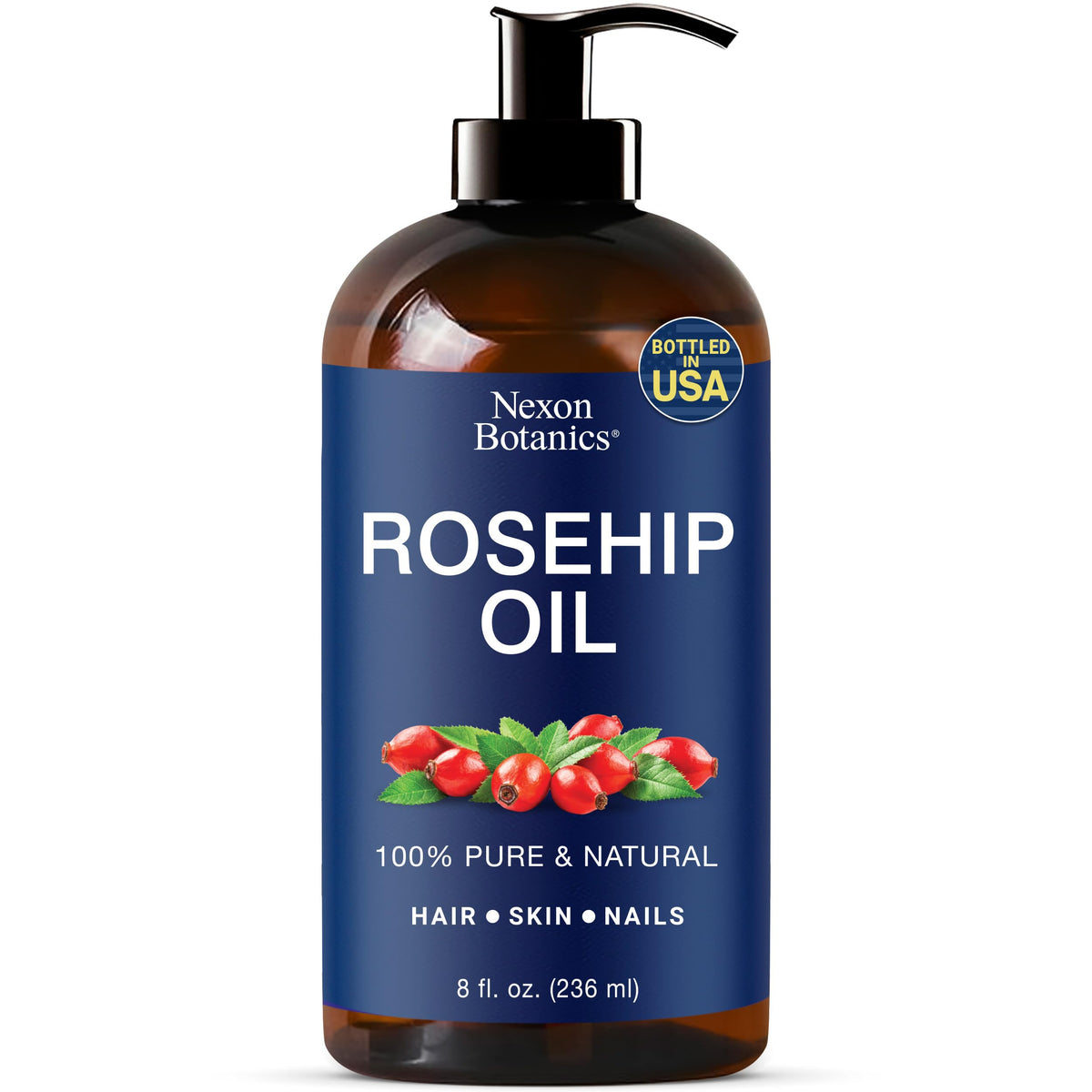 Nexon Botanics Rosehip Oil bottle close-up for nourishing facial skin.