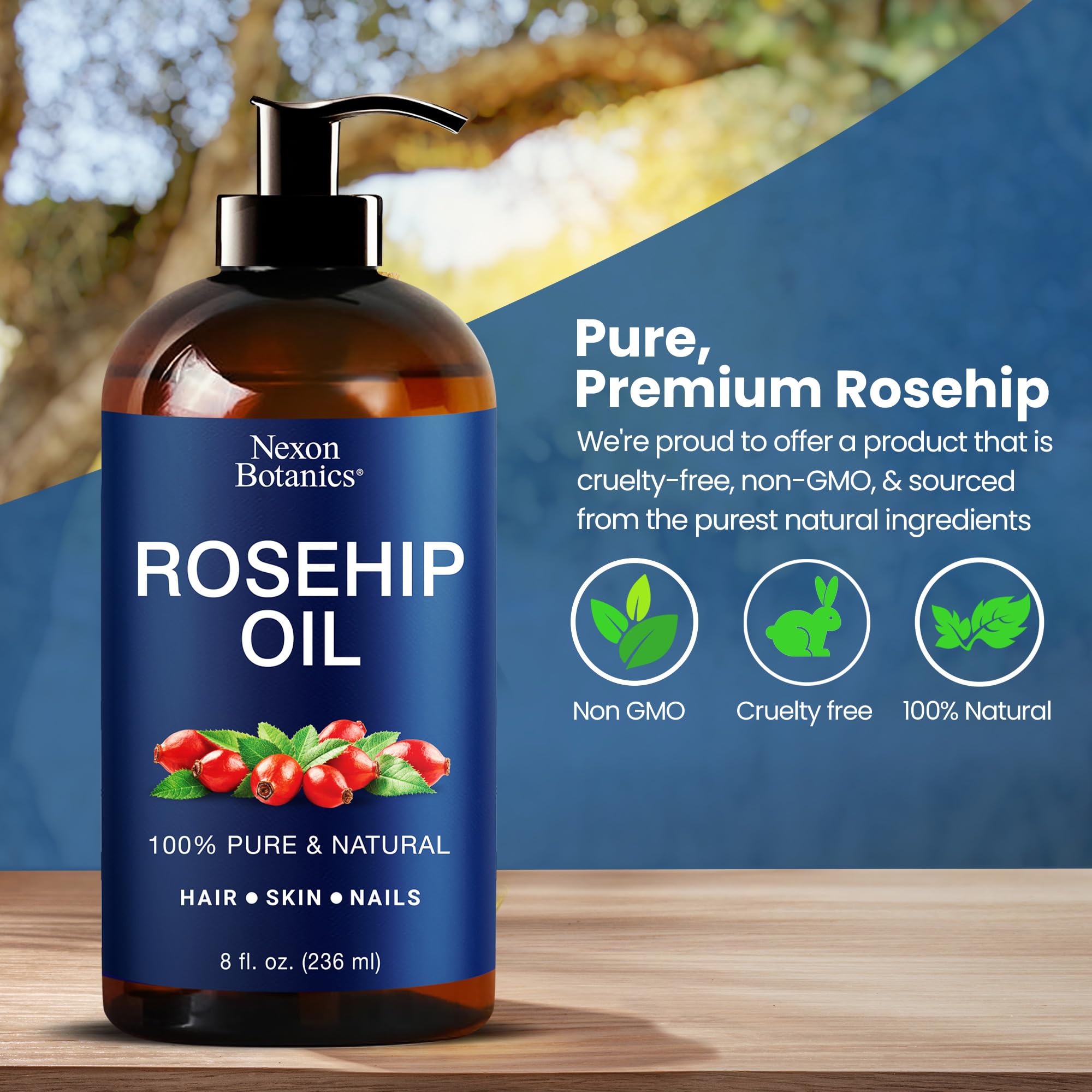 Nexon Botanics Rosehip Oil for face, body, and hair care.