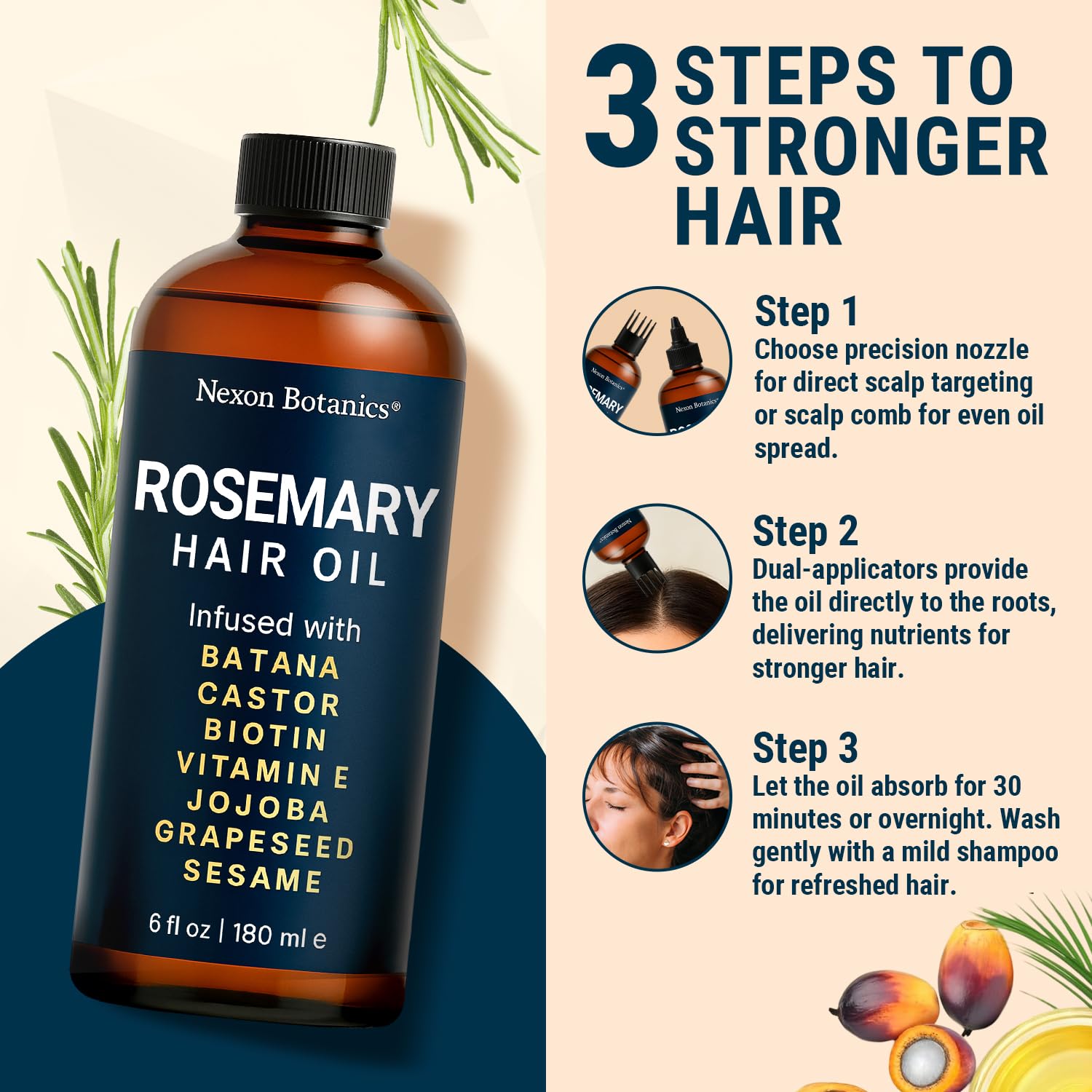 Nexon Botanics Rosemary Oil bottle with batana and castor promotes nourished roots.