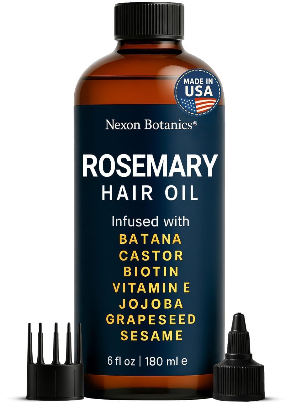 Nexon Botanics Rosemary Oil for Hair Growth bottle highlighting hair growth support and scalp nourishment.
