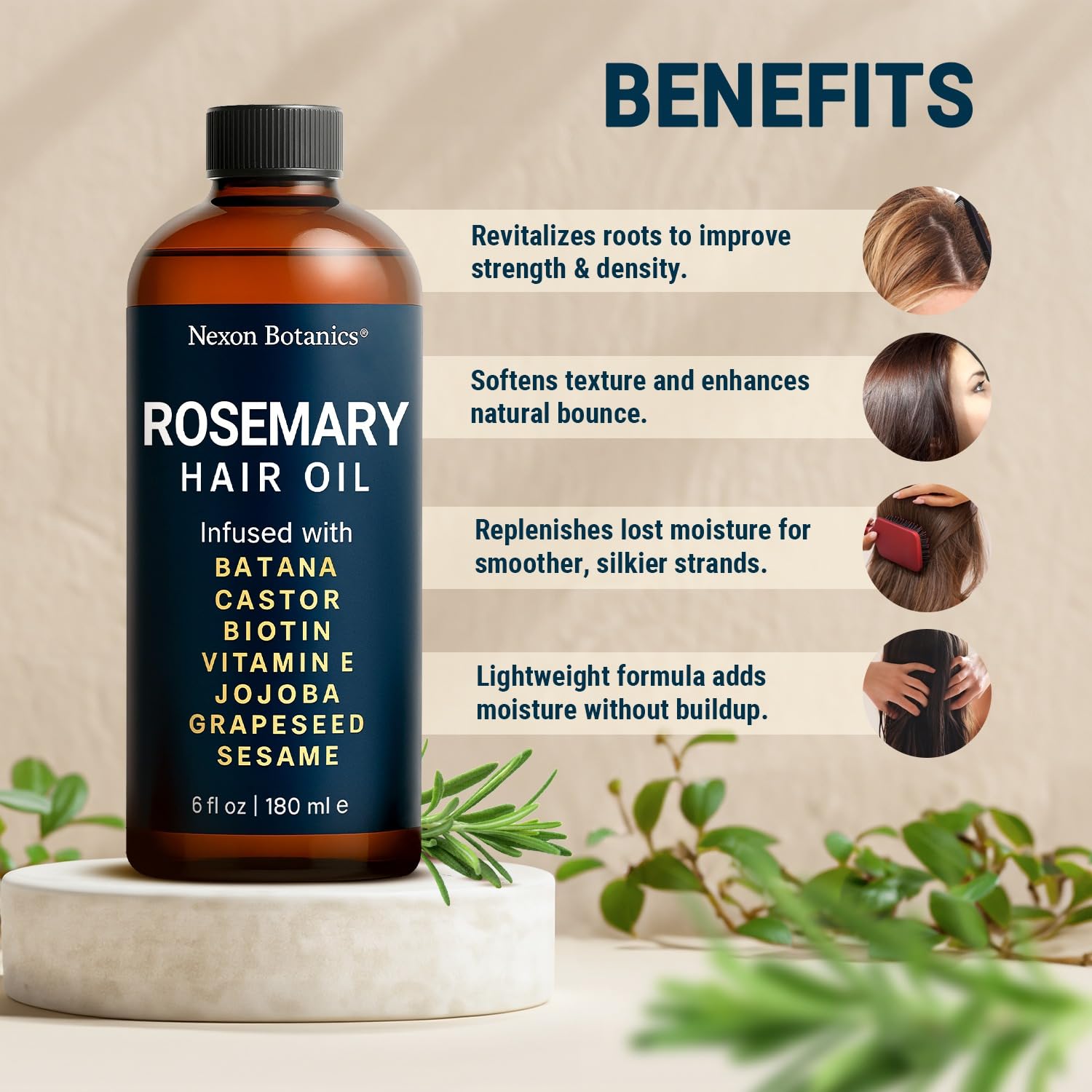 Nexon Botanics Rosemary Oil bottle close-up shows a lightweight, non-greasy formula.