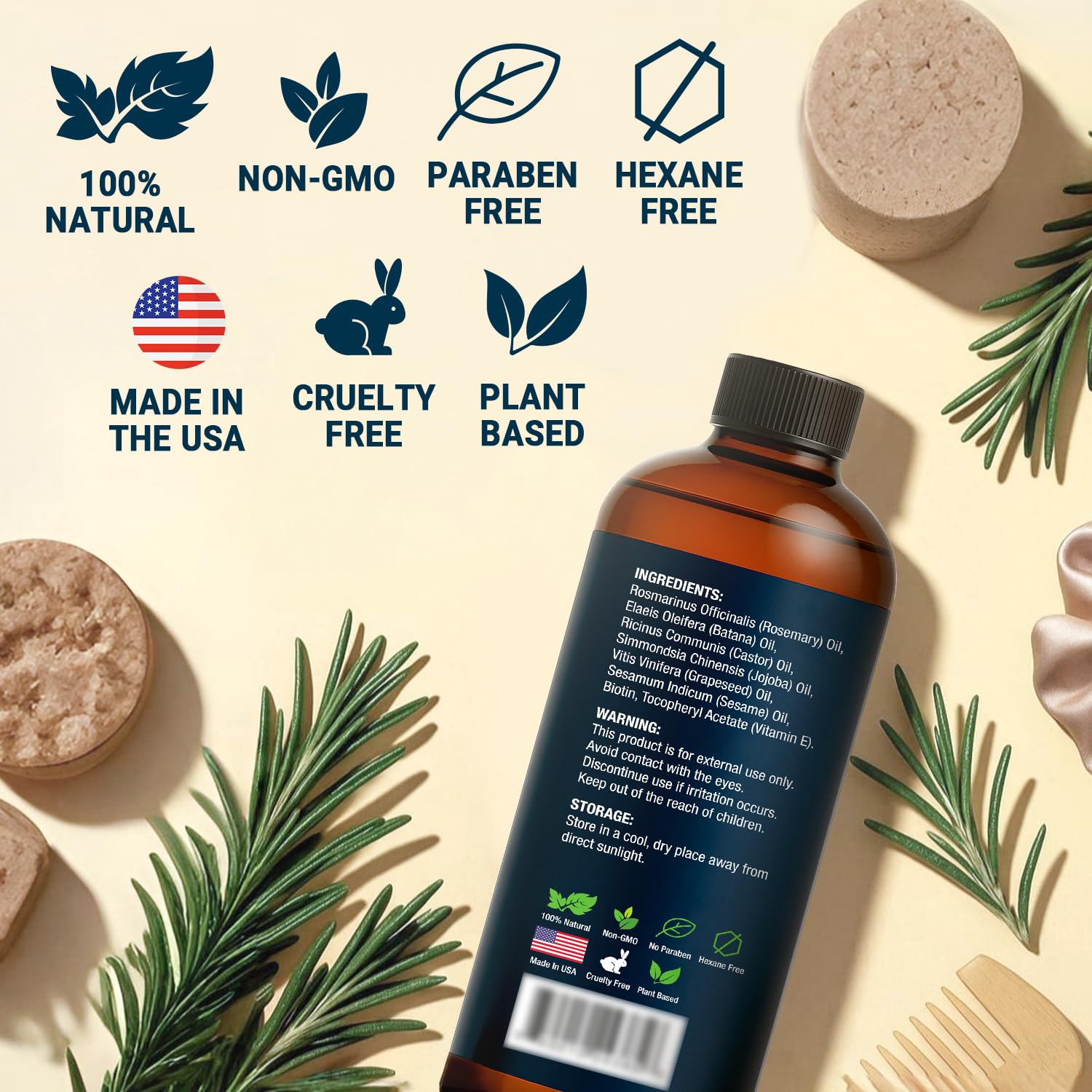 Nexon Botanics Rosemary Oil bottle pairs with biotin for fuller-looking hair support.