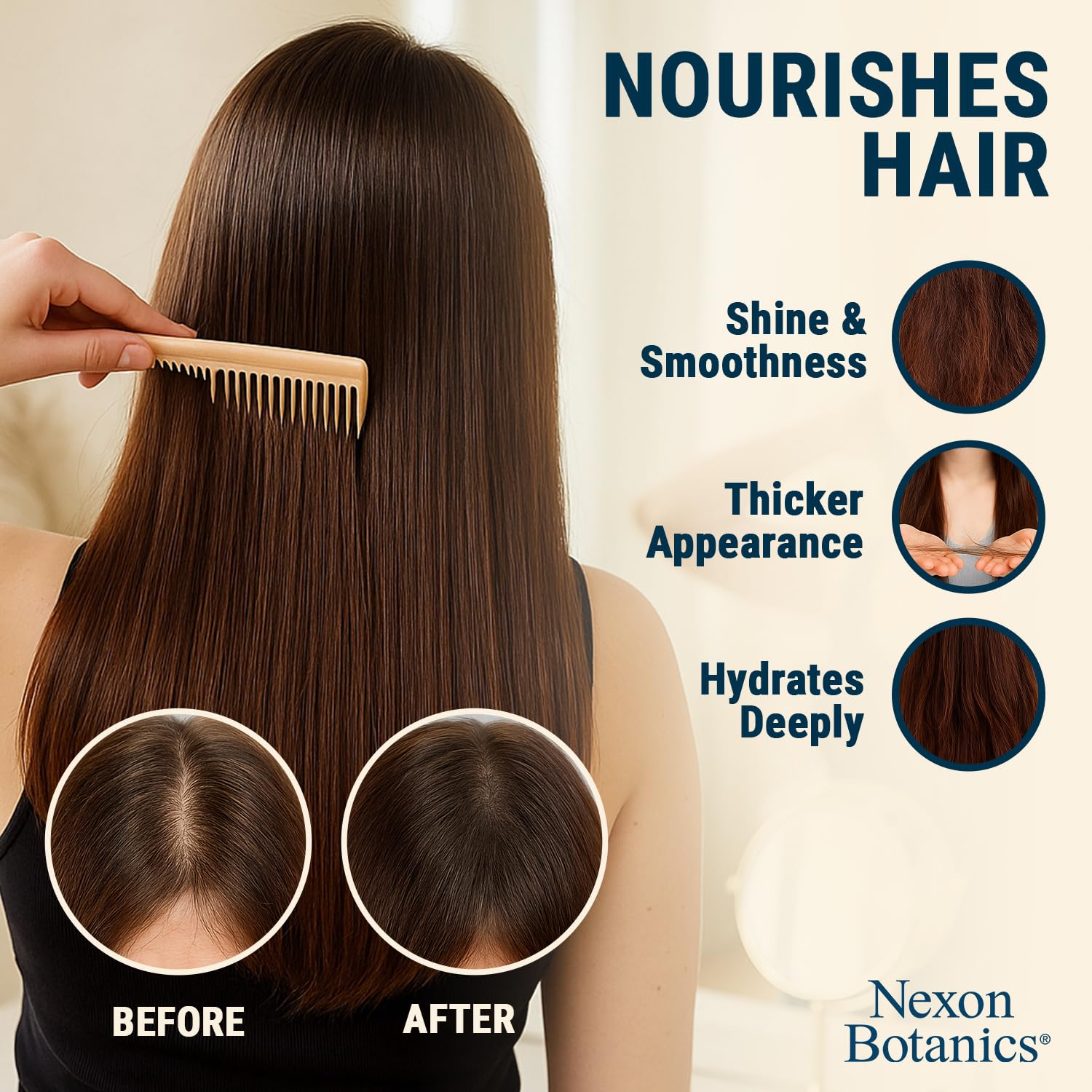 Nexon Botanics Rosemary Oil dropper emphasizes overnight scalp care and easy application.