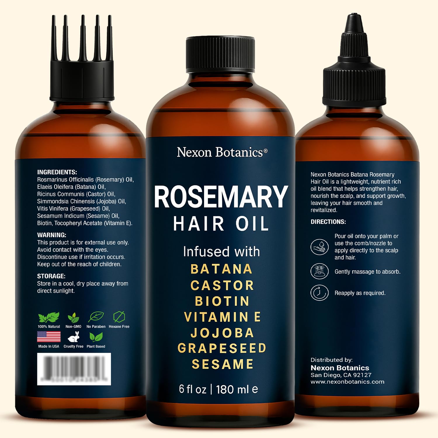 Nexon Botanics Rosemary Oil dropper demonstrates deep scalp hydration and dryness relief.