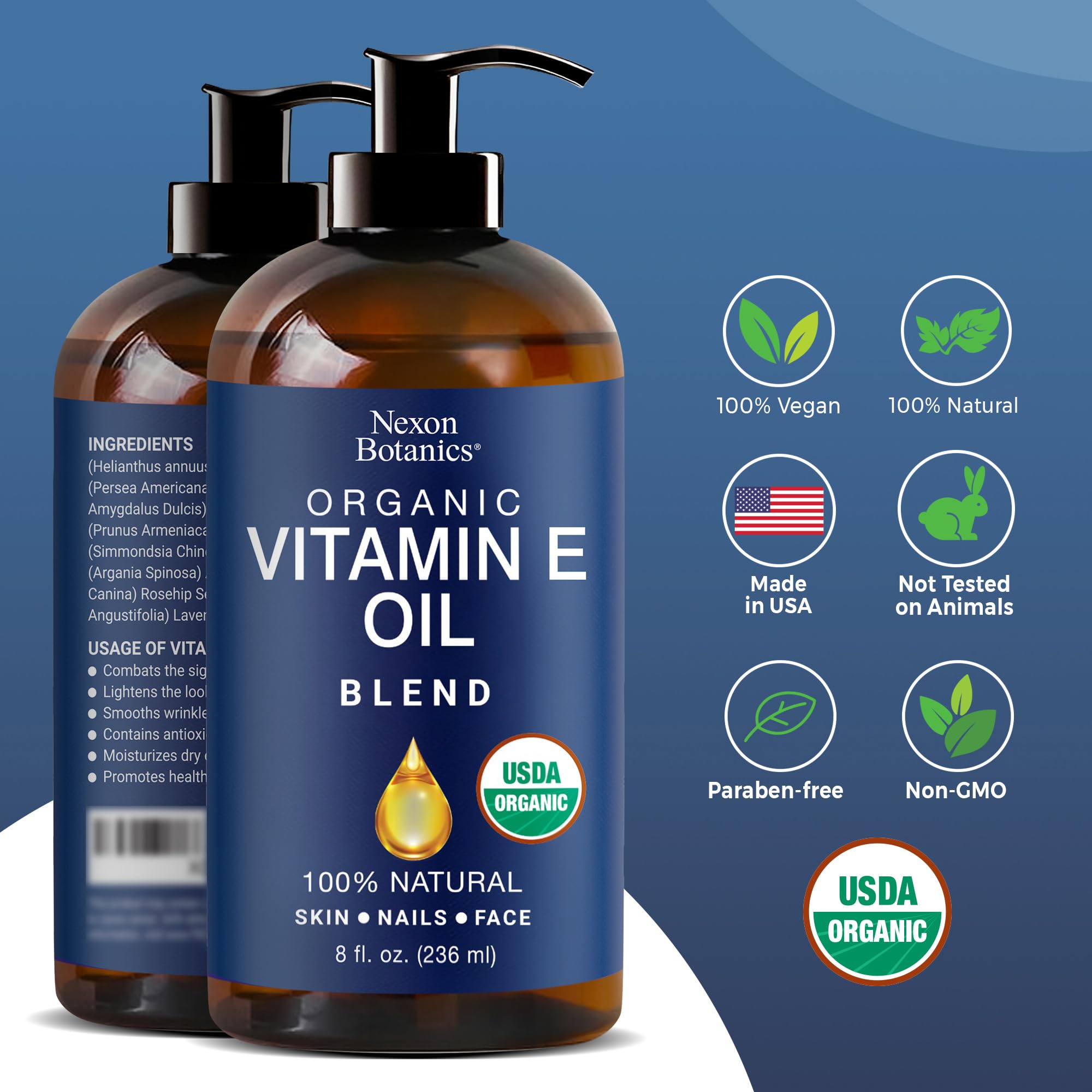 Nexon Botanics Vitamin E Oil Blend dark amber bottle protecting freshness.