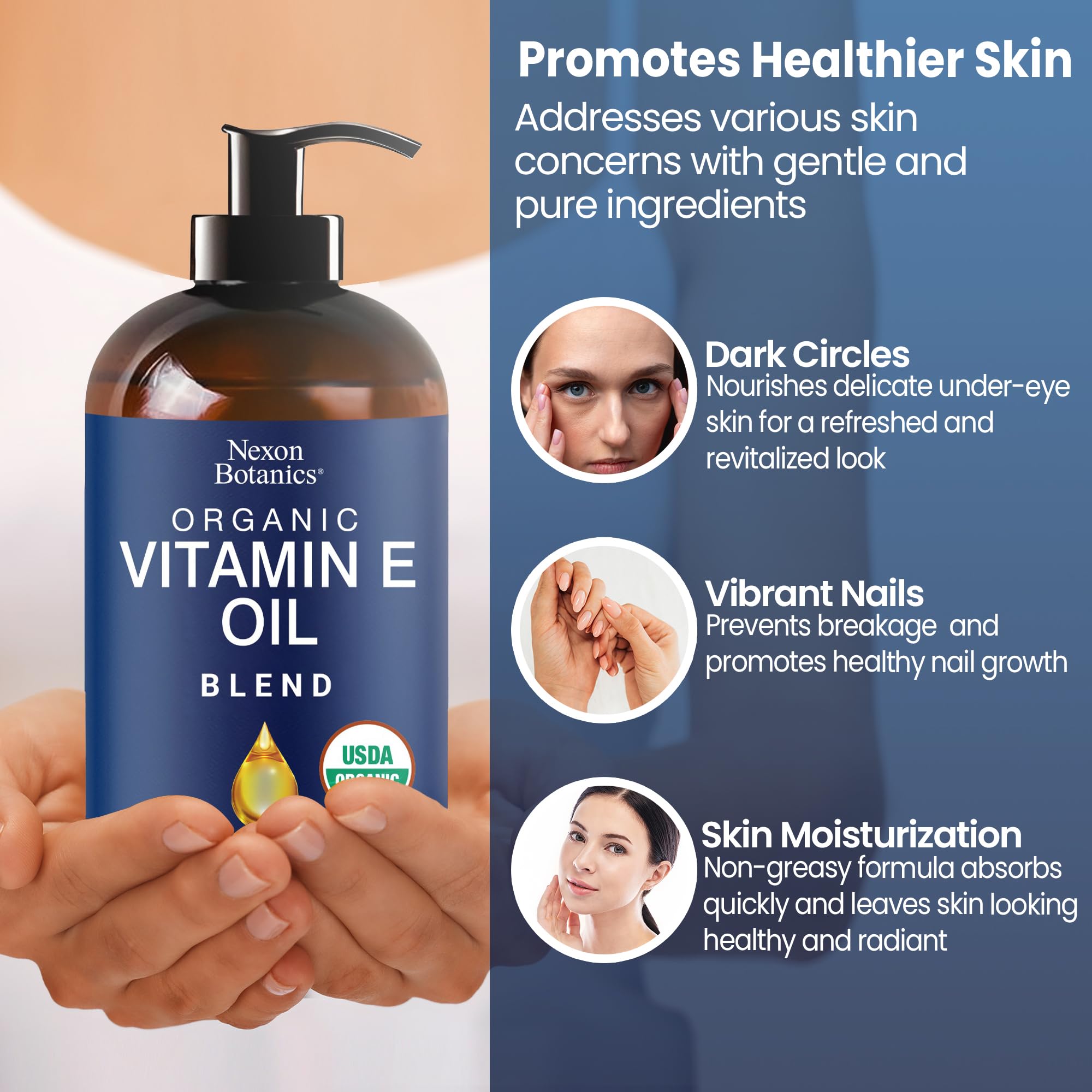 Nexon Botanics Vitamin E Oil Blend under-eye application promoting plump look.